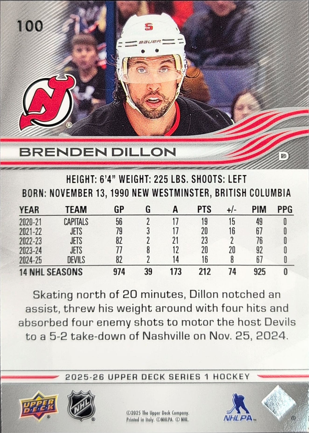 2025-26 Upper Deck Brenden Dillon #100 New Jersey Devils back