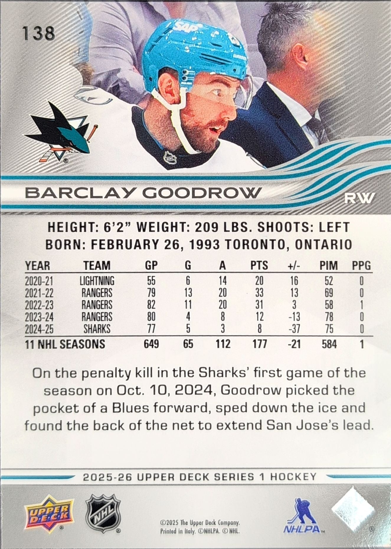 2025-26 Upper Deck Barclay Goodrow #138 San Jose Sharks back