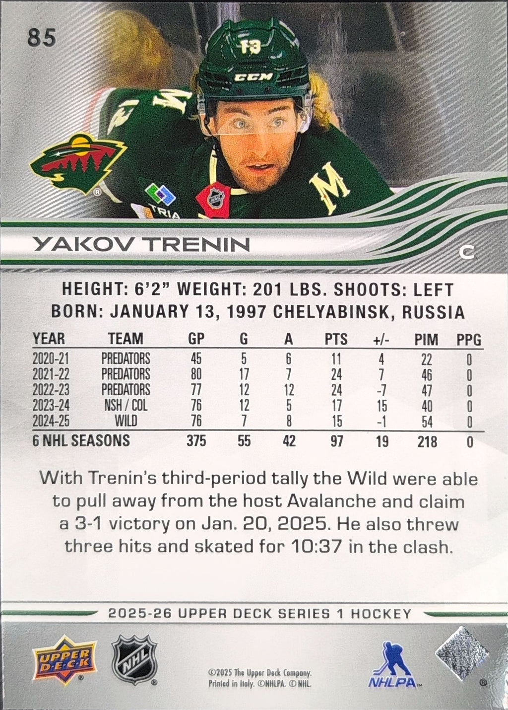2025-26 Upper Deck Yakov Trenin #85 Minnesota Wild back