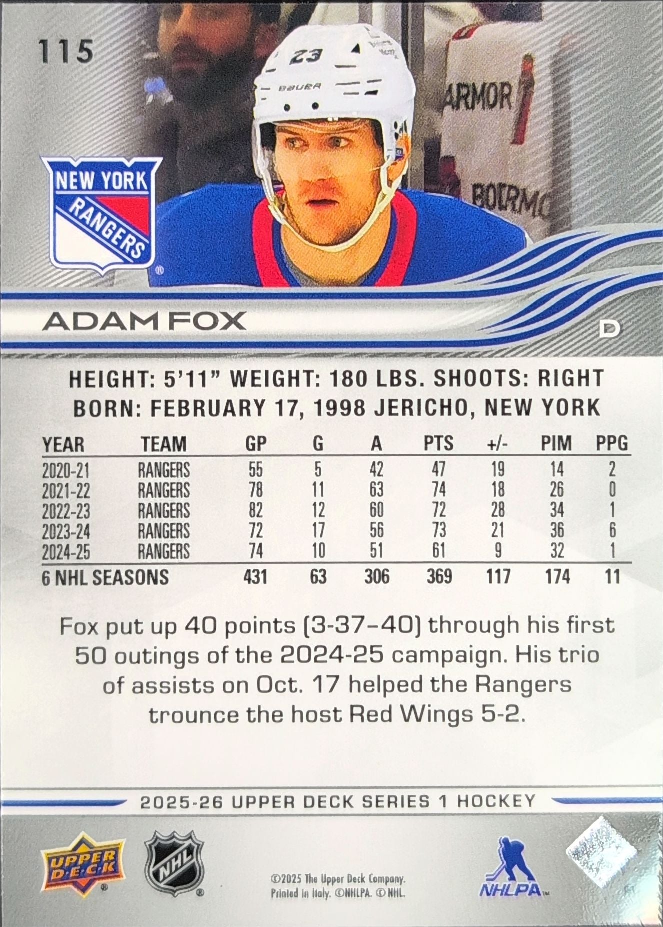 2025-26 Upper Deck Adam Fox #115 New York Rangers back