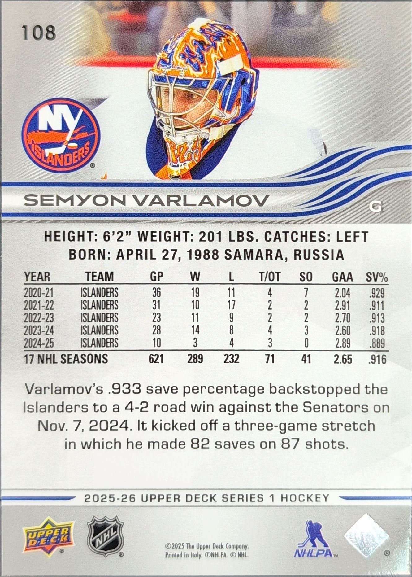 2025-26 Upper Deck Semyon Varlamov #108 New York Islanders back