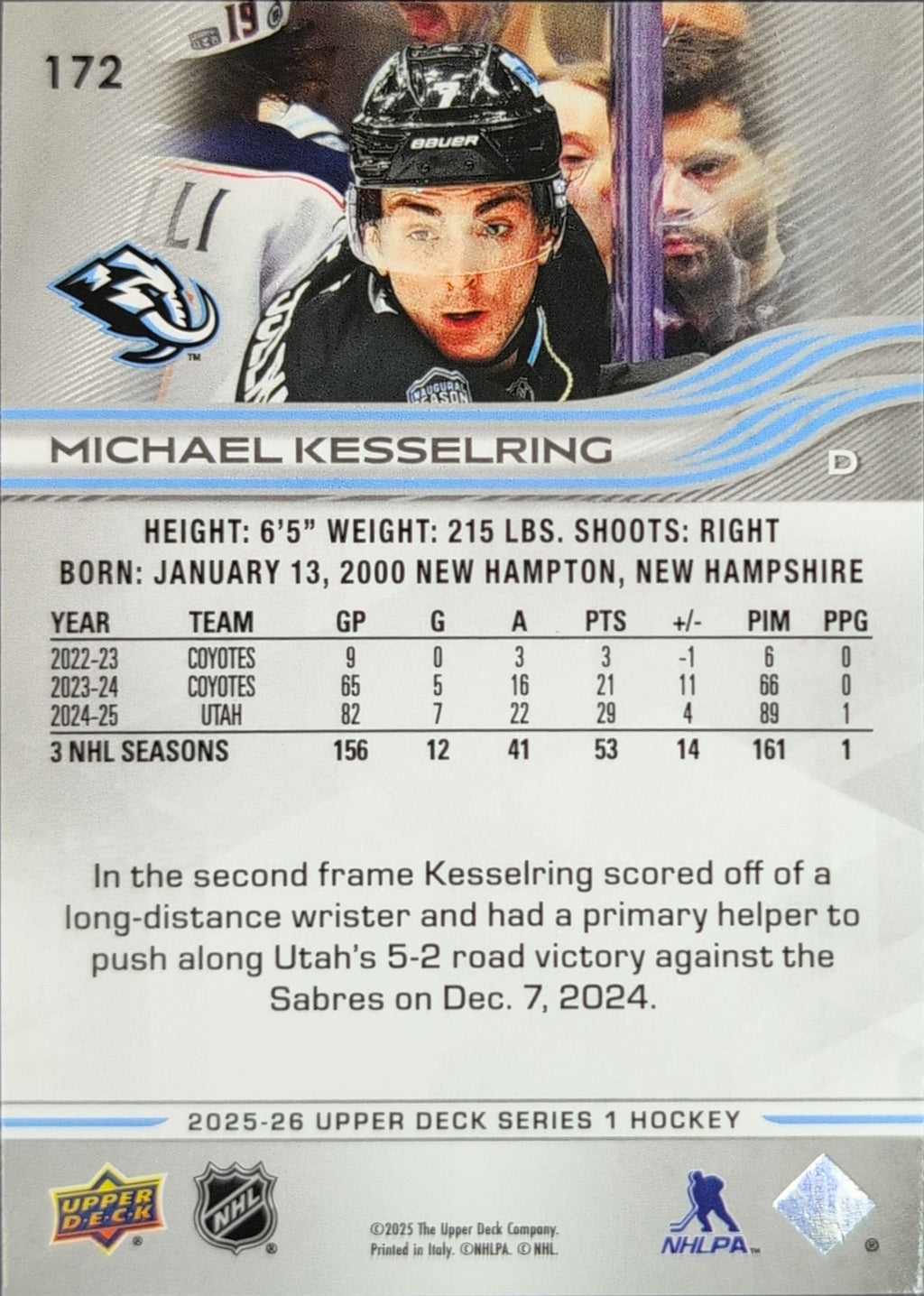 2025-26 Upper Deck Michael Kesselring #172 Utah Mammoth back