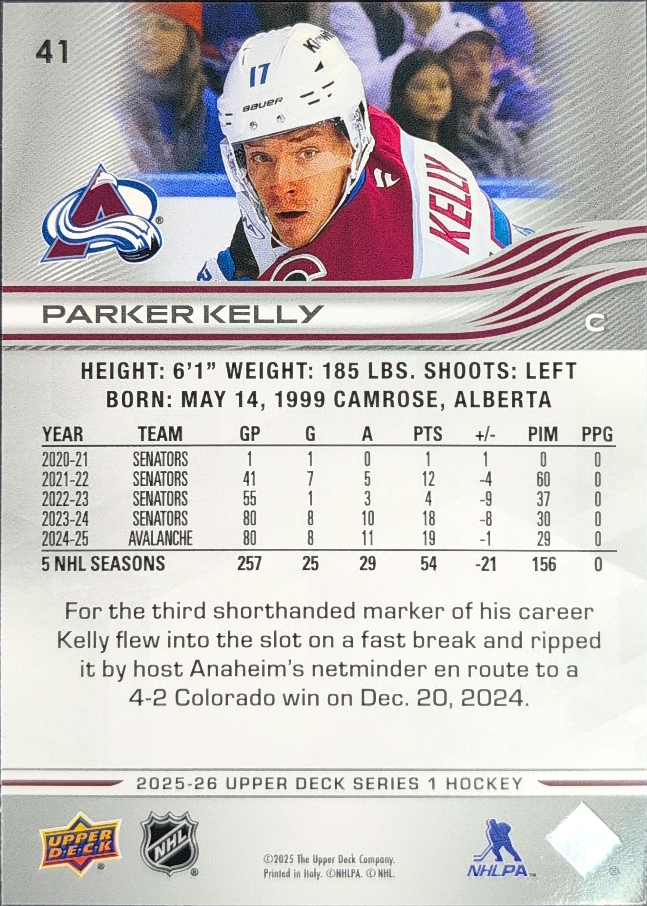 2025-26 Upper Deck Parker Kelly #41 Colorado Avalanche back
