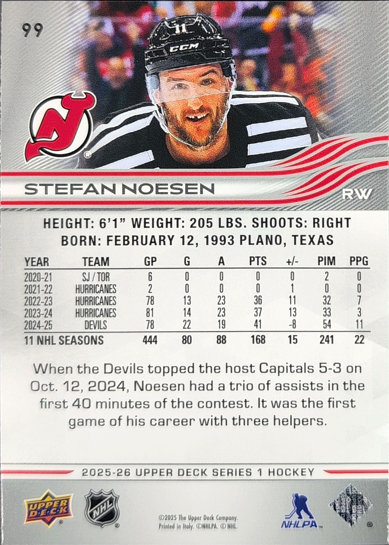 2025-26 Upper Deck Stefan Noesen #99 New Jersey Devils back
