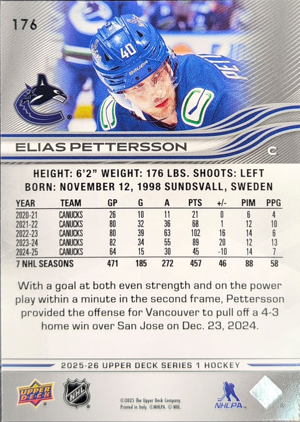 2025-26 Upper Deck Elias Pettersson #176 Vancouver Canucks back