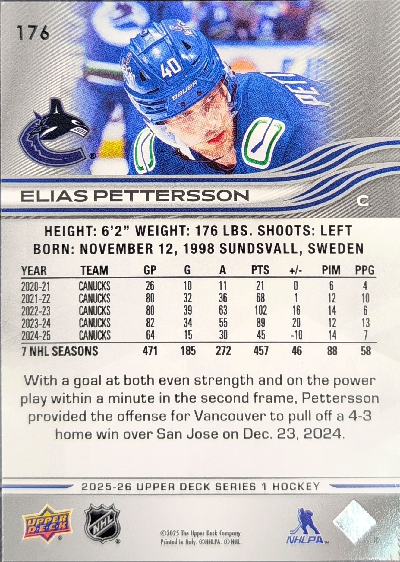 2025-26 Upper Deck Elias Pettersson #176 Vancouver Canucks back