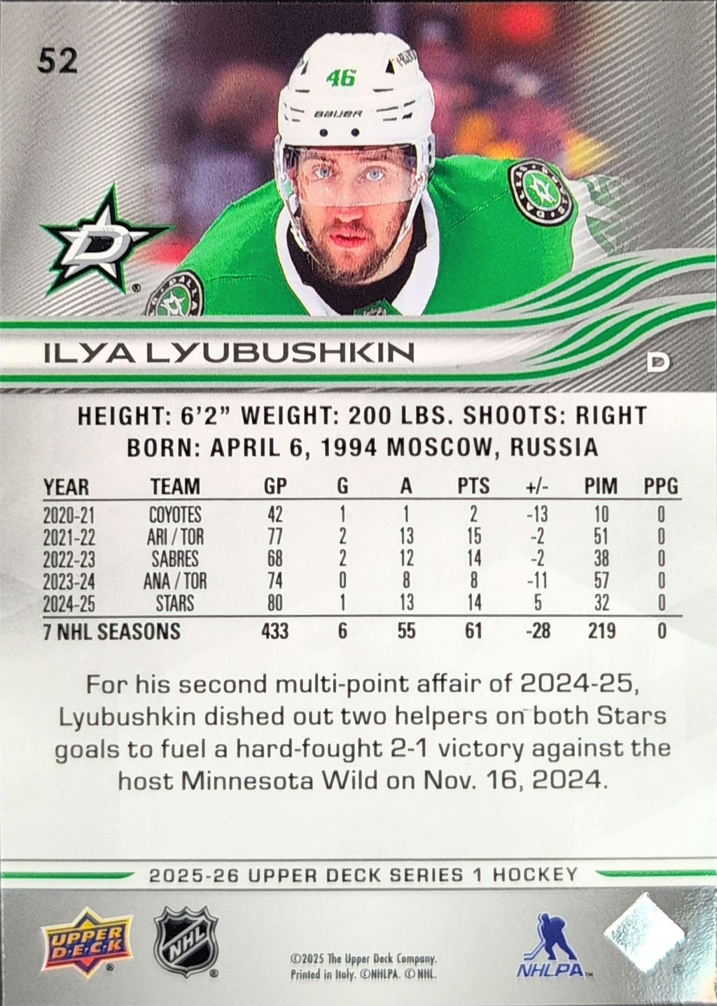 2025-26 Upper Deck Ilya Lyubushkin #52 Dallas Stars back