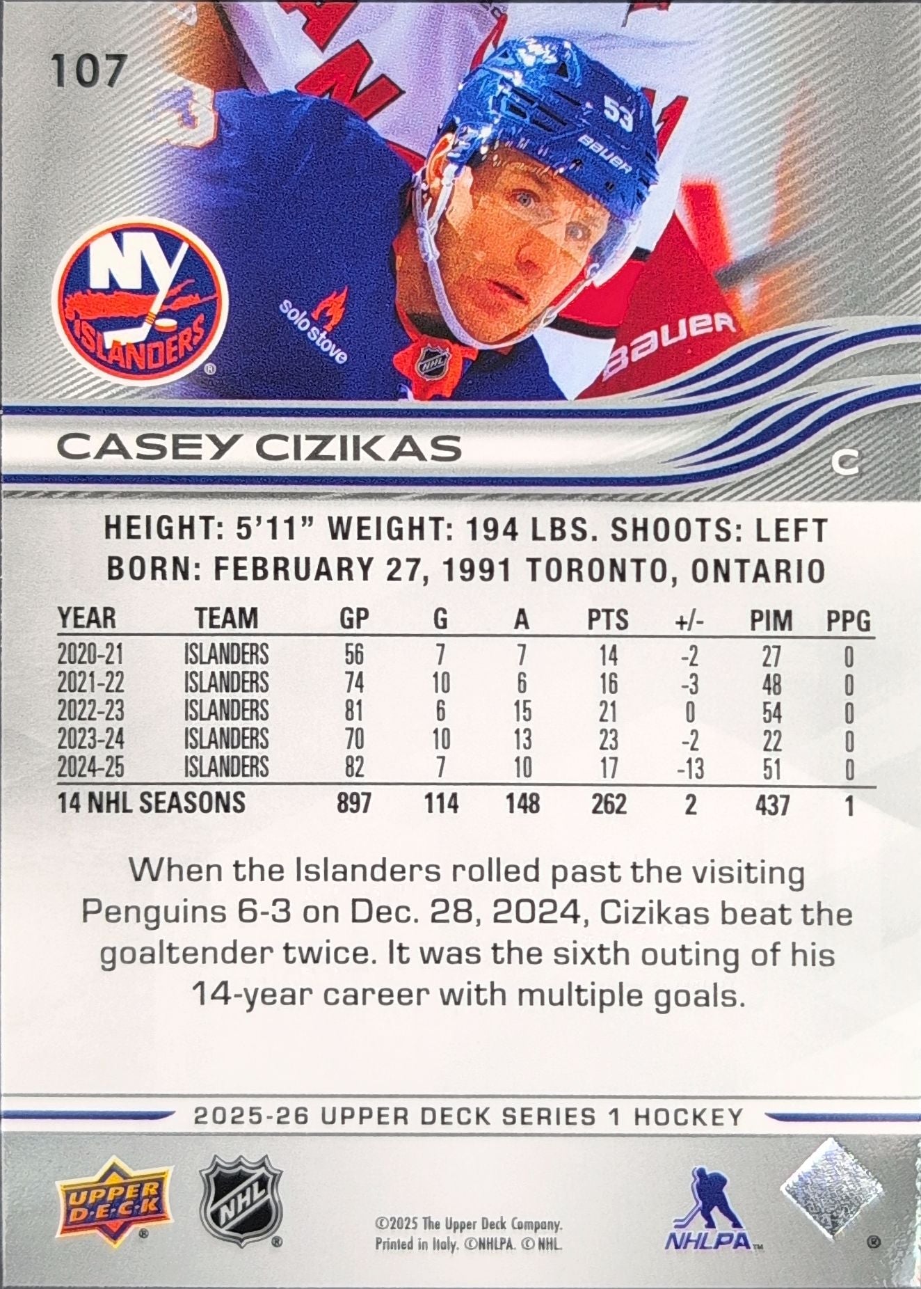 2025-26 Upper Deck Casey Cizikas #107 New York Islanders back