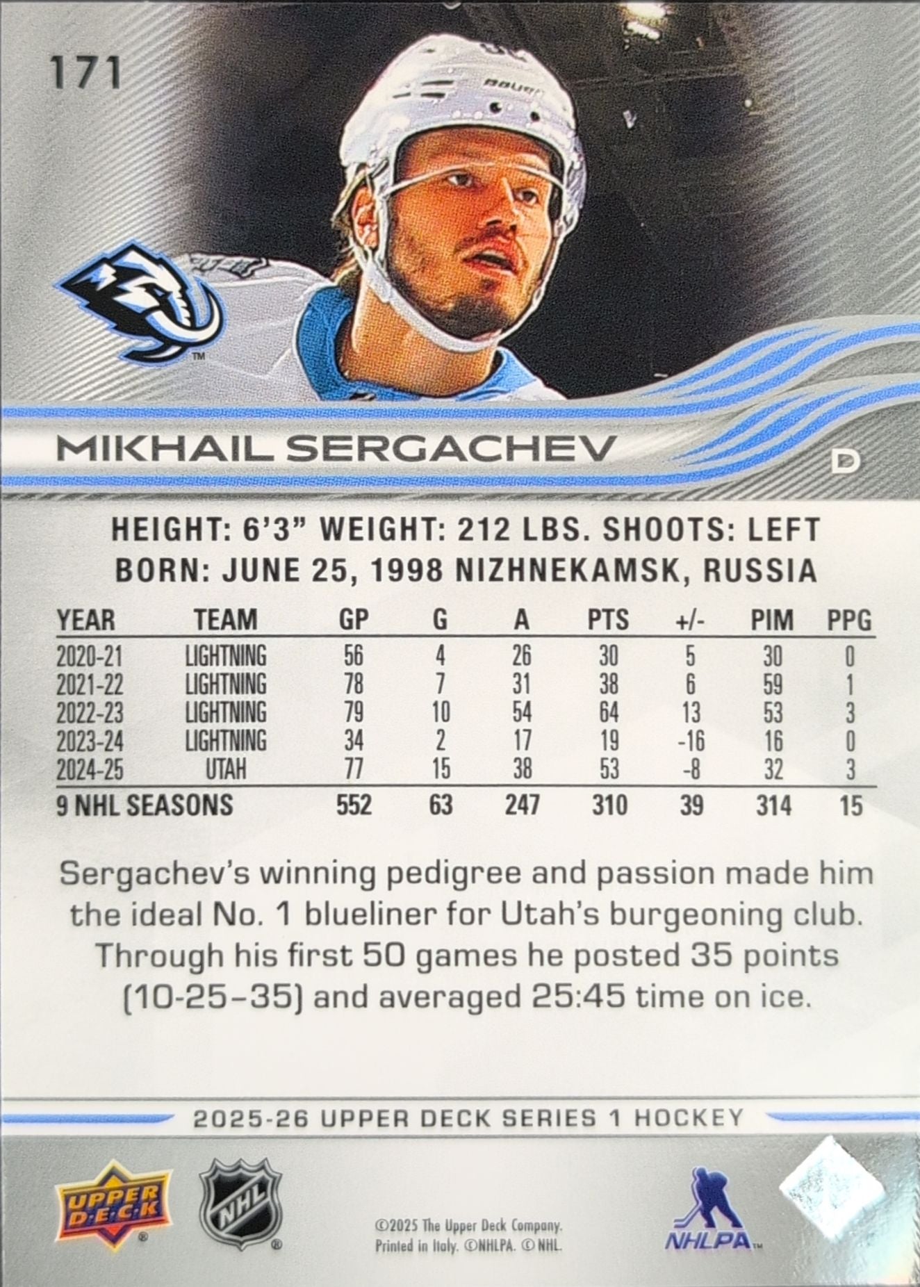 2025-26 Upper Deck Mikhail Sergachev #171 Utah Mammoth back