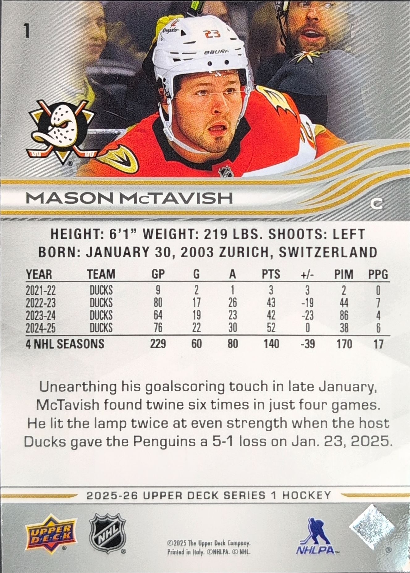 2025-26 Upper Deck Mason McTavish #1 Anaheim Ducks back
