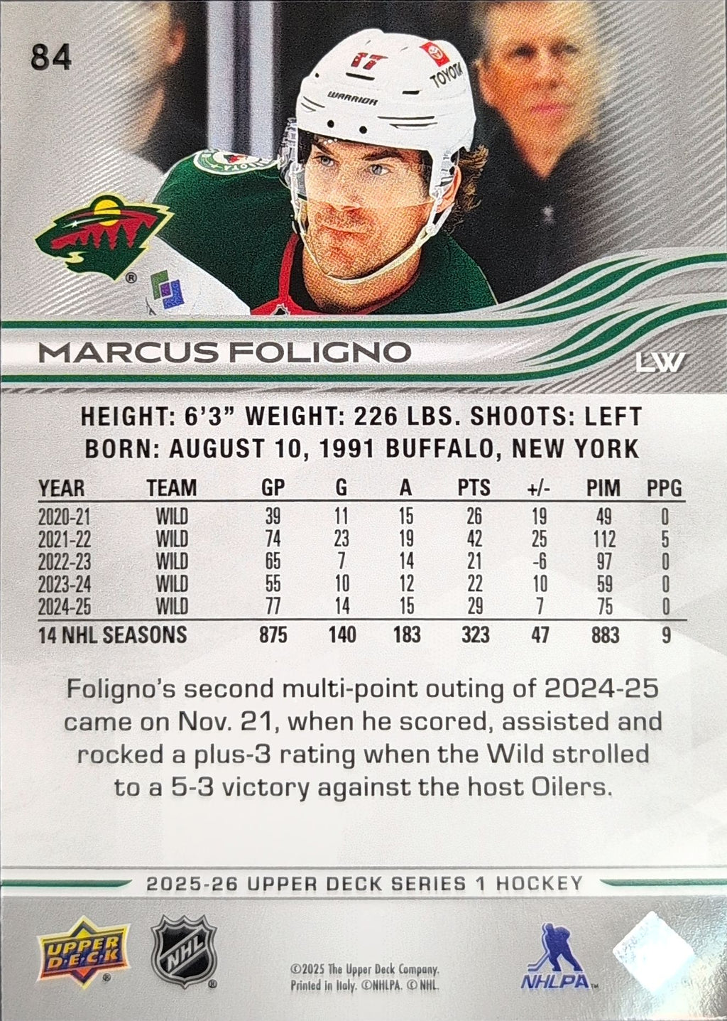 2025-26 Upper Deck Marcus Foligno #84 Minnesota Wild back