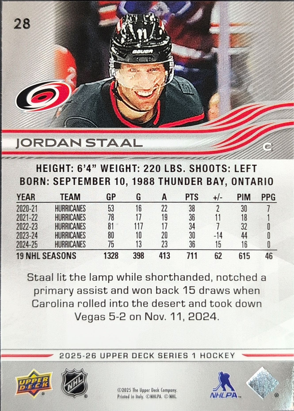2025-26 Upper Deck Jordan Staal #28 Carolina Hurricanes front