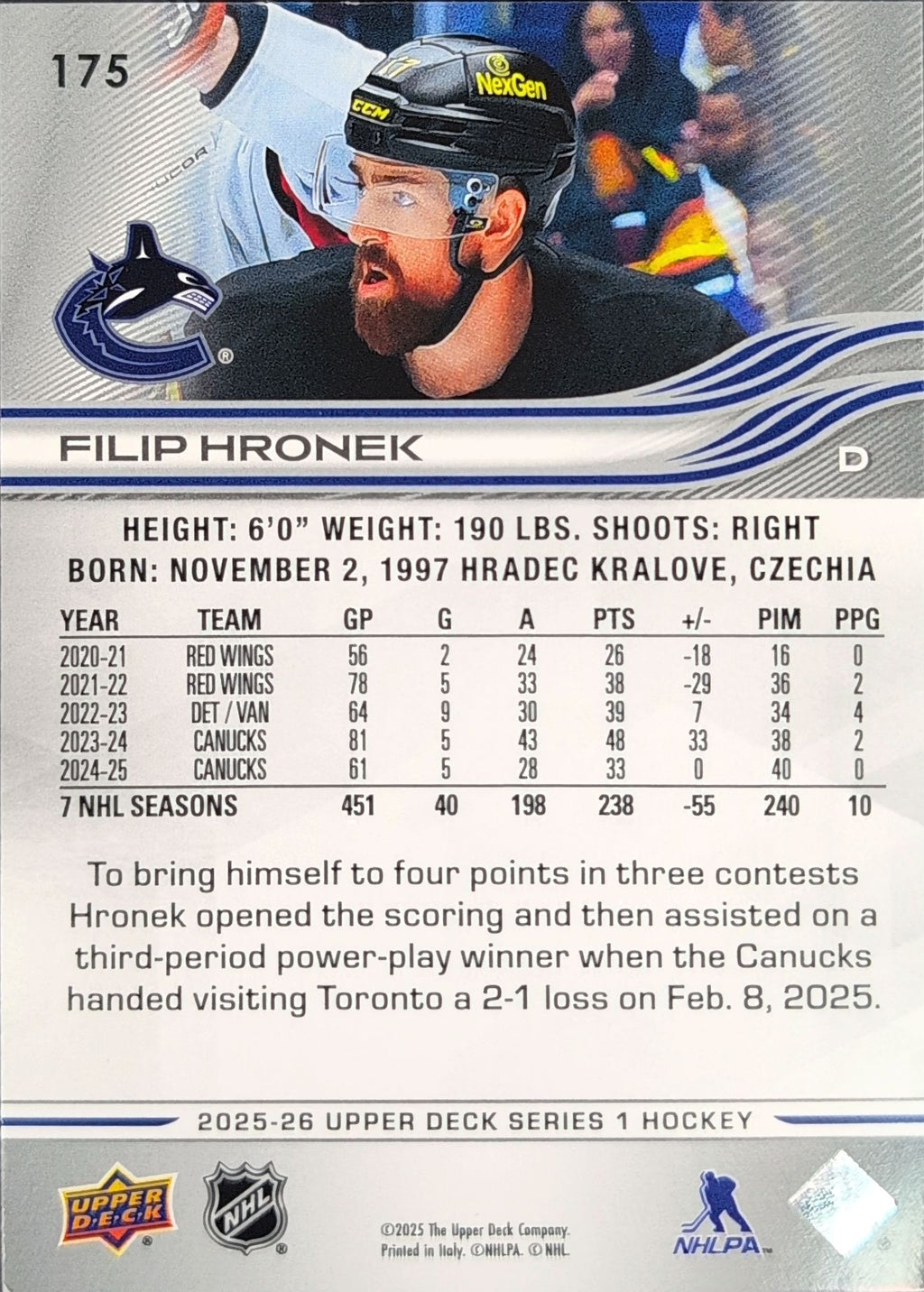 2025-26 Upper Deck Filip Hronek #175 Vancouver Canucks back