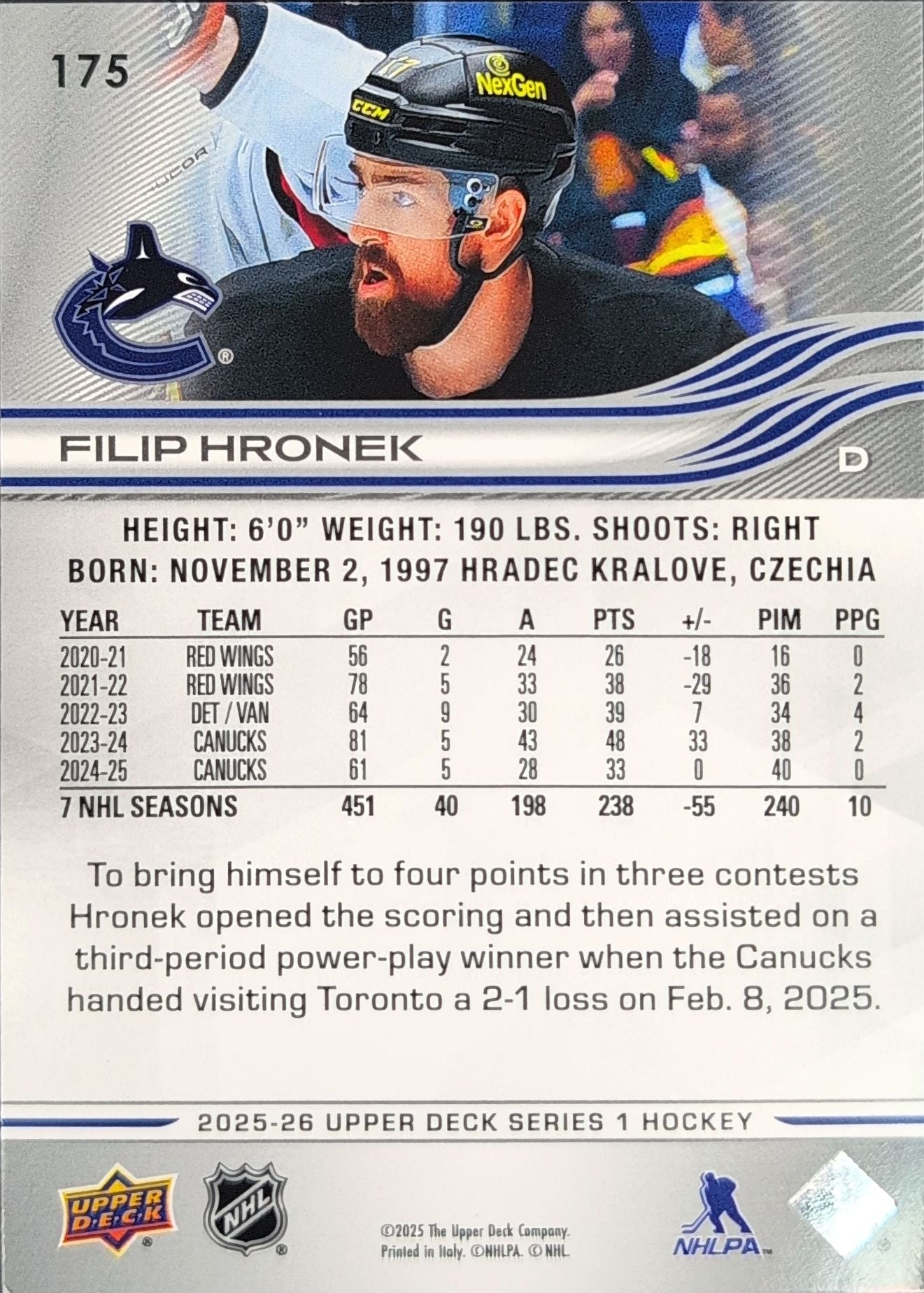 2025-26 Upper Deck Filip Hronek #175 Vancouver Canucks back