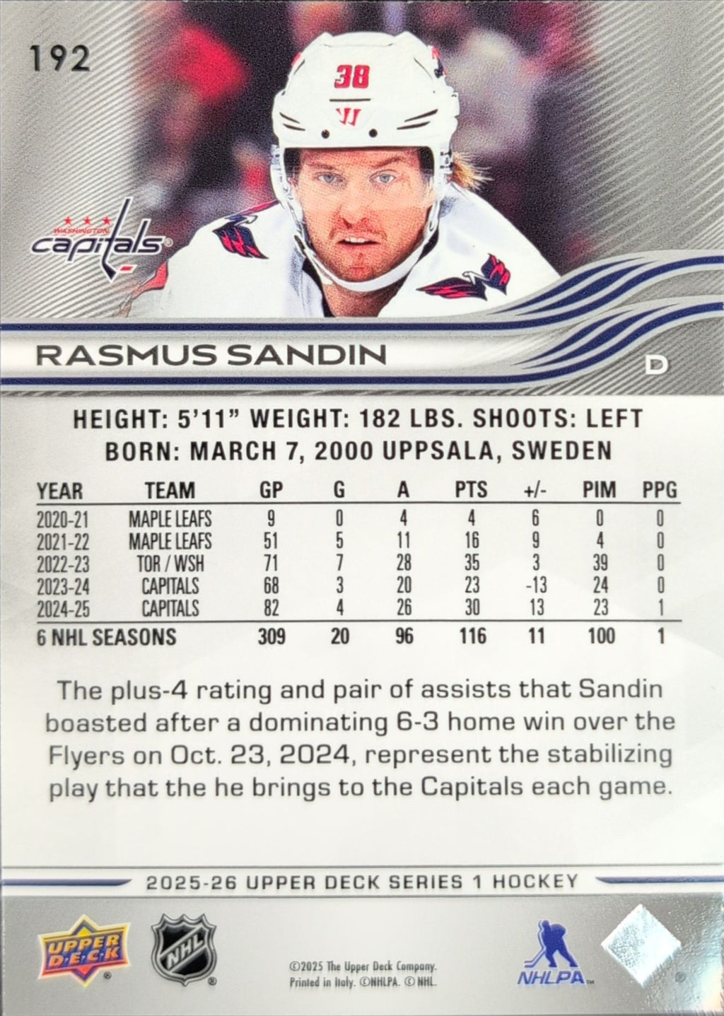 2025-26 Upper Deck Rasmus Sandin #192 Washington Capitals back