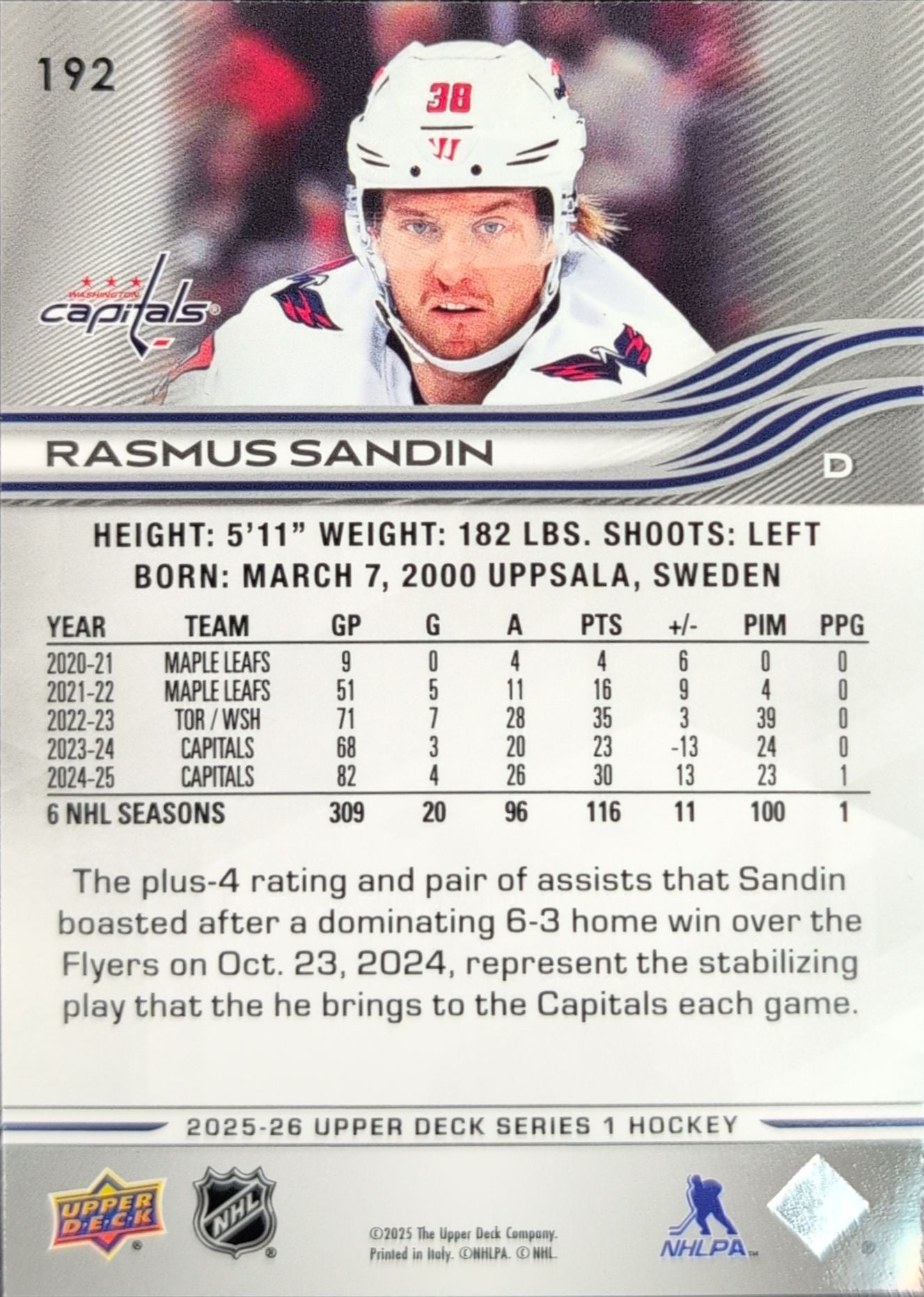 2025-26 Upper Deck Rasmus Sandin #192 Washington Capitals back