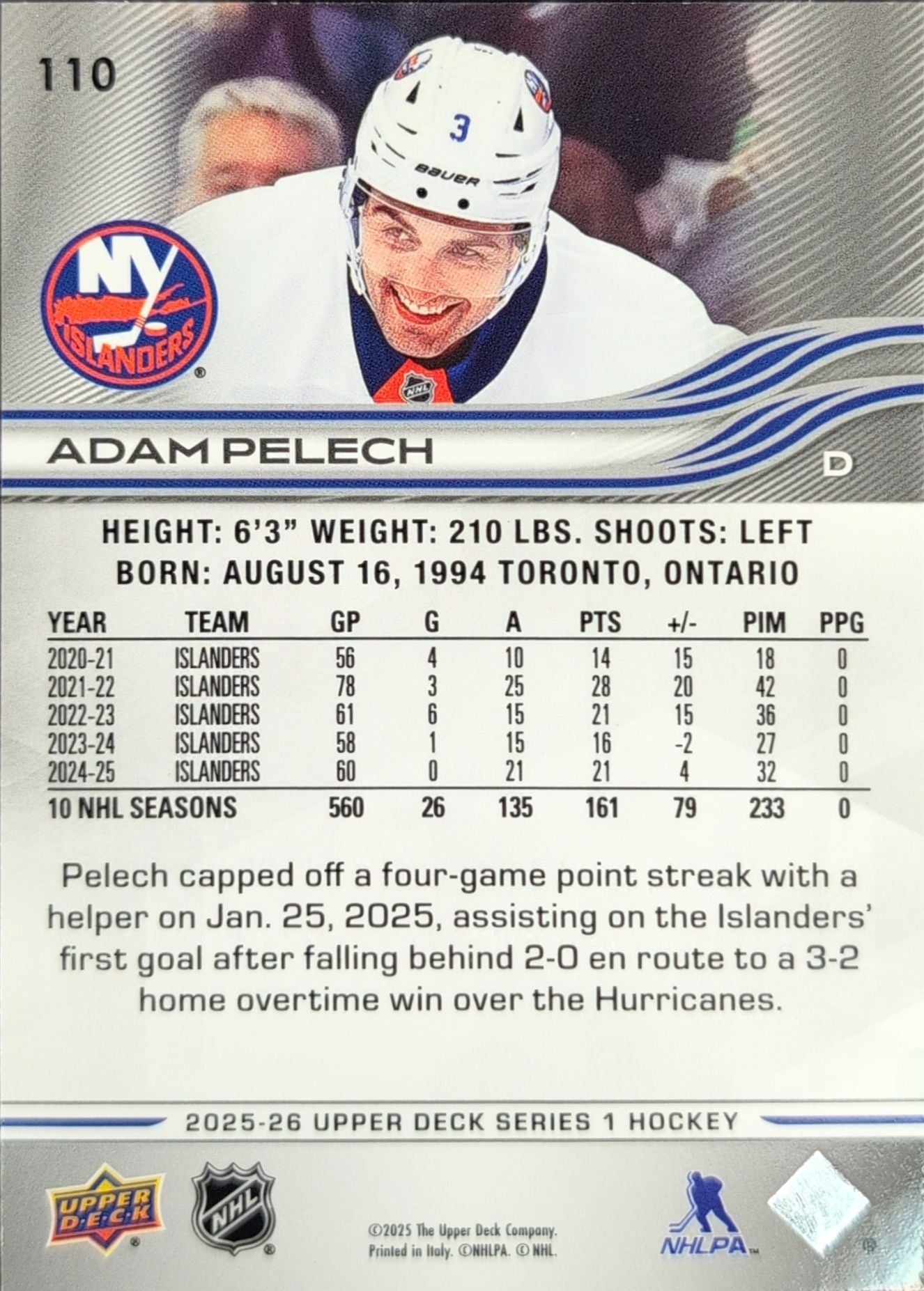 2025-26 Upper Deck Adam Pelech #110 New York Islanders back