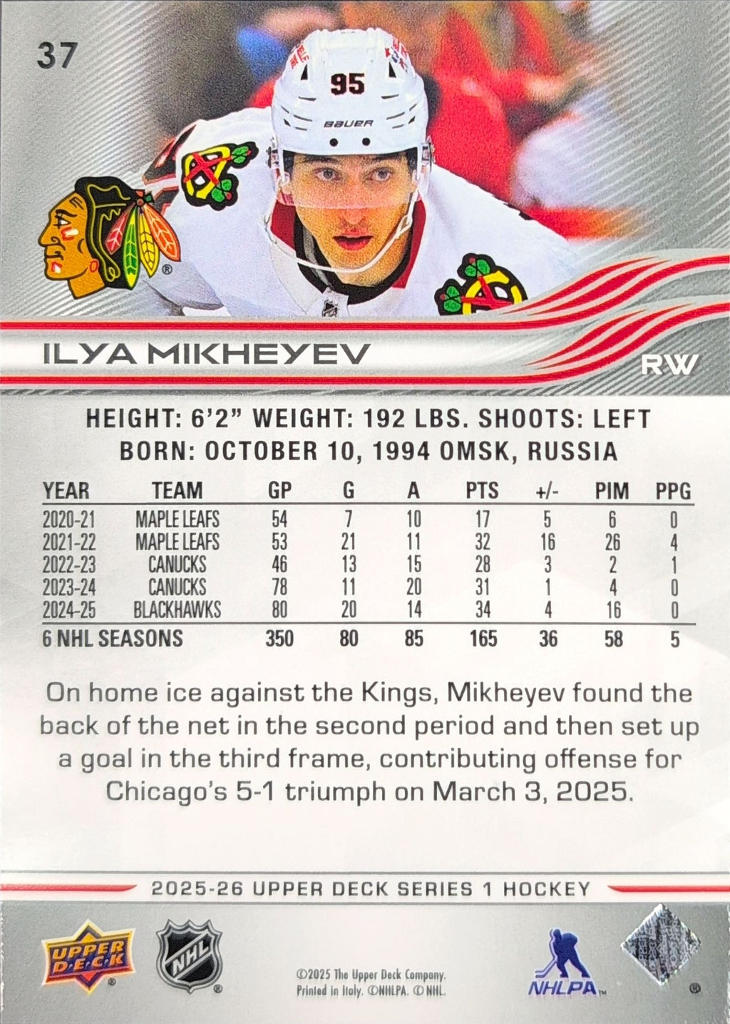 2025-26 Upper Deck Ilya Mikheyev #37 Chicago Blackhawks back