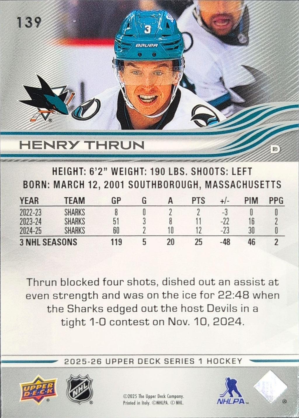 2025-26 Upper Deck Henry Thrun #139 San Jose Sharks back