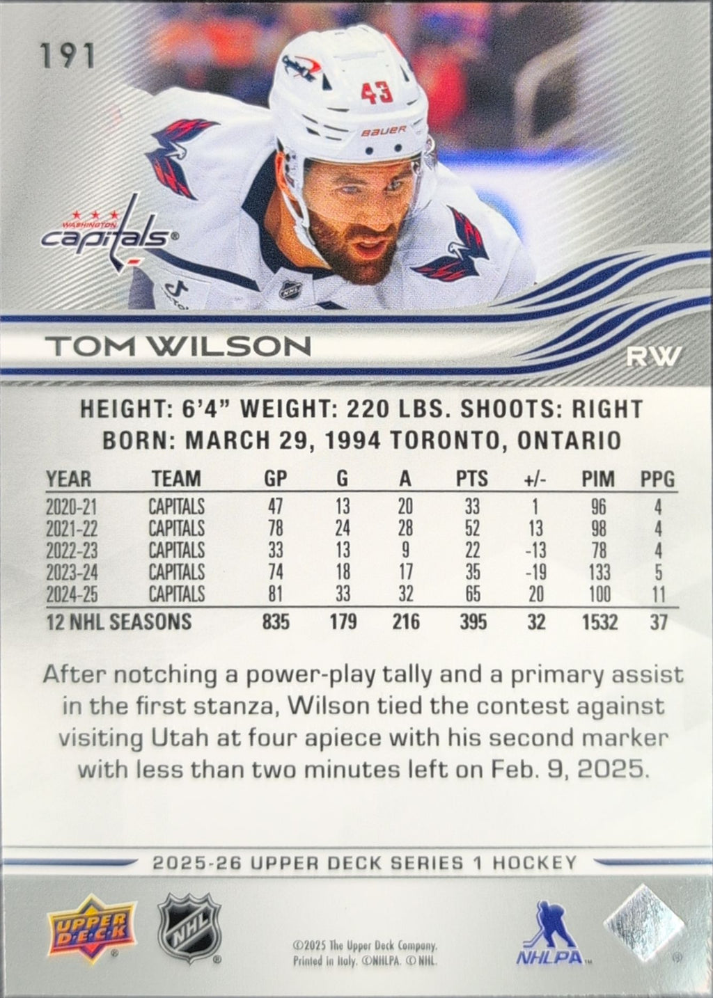 2025-26 Upper Deck Tom Wilson #191 Washington Capitals back