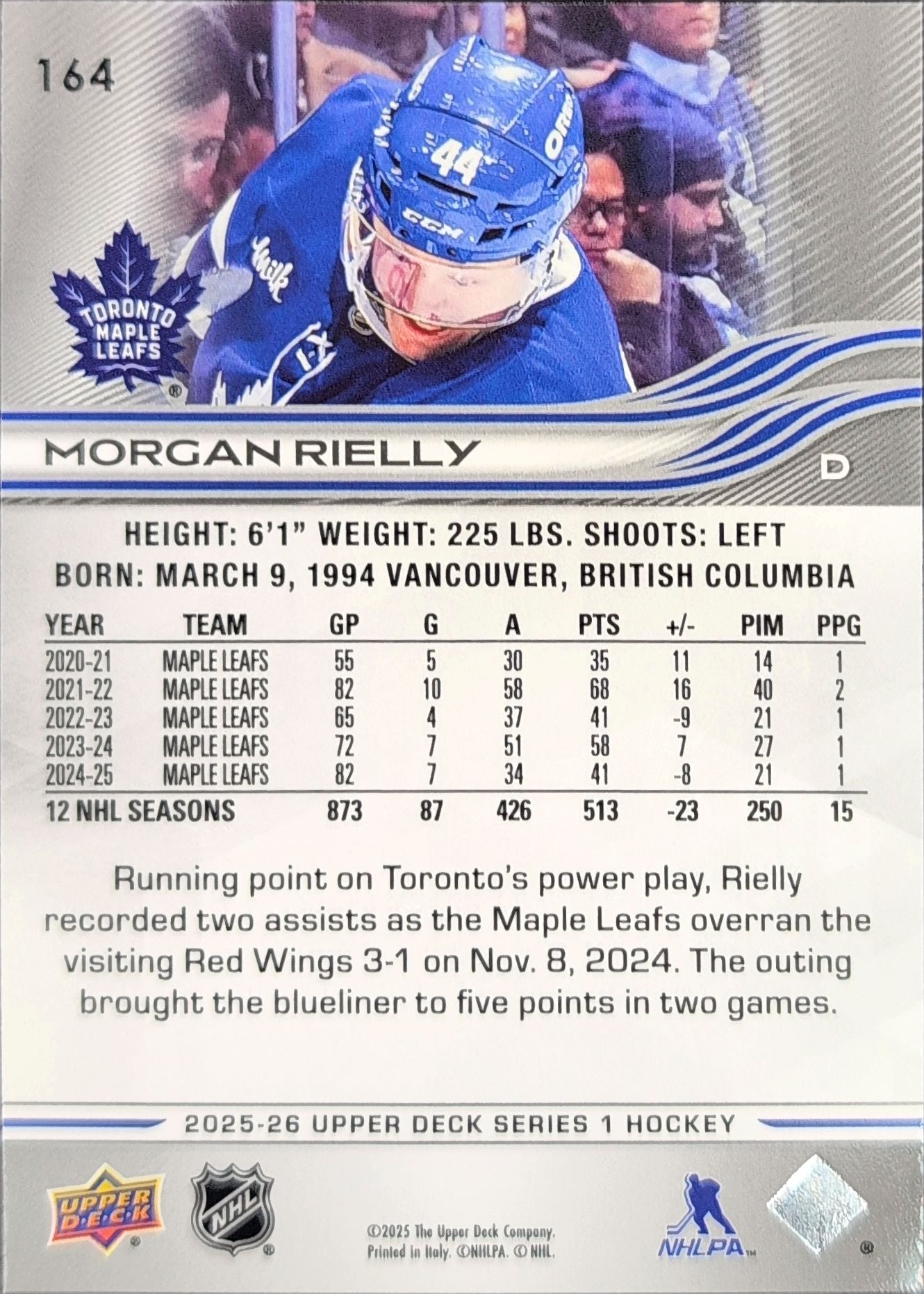 2025-26 Upper Deck Morgan Rielly #164 Toronto Maple Leafs back