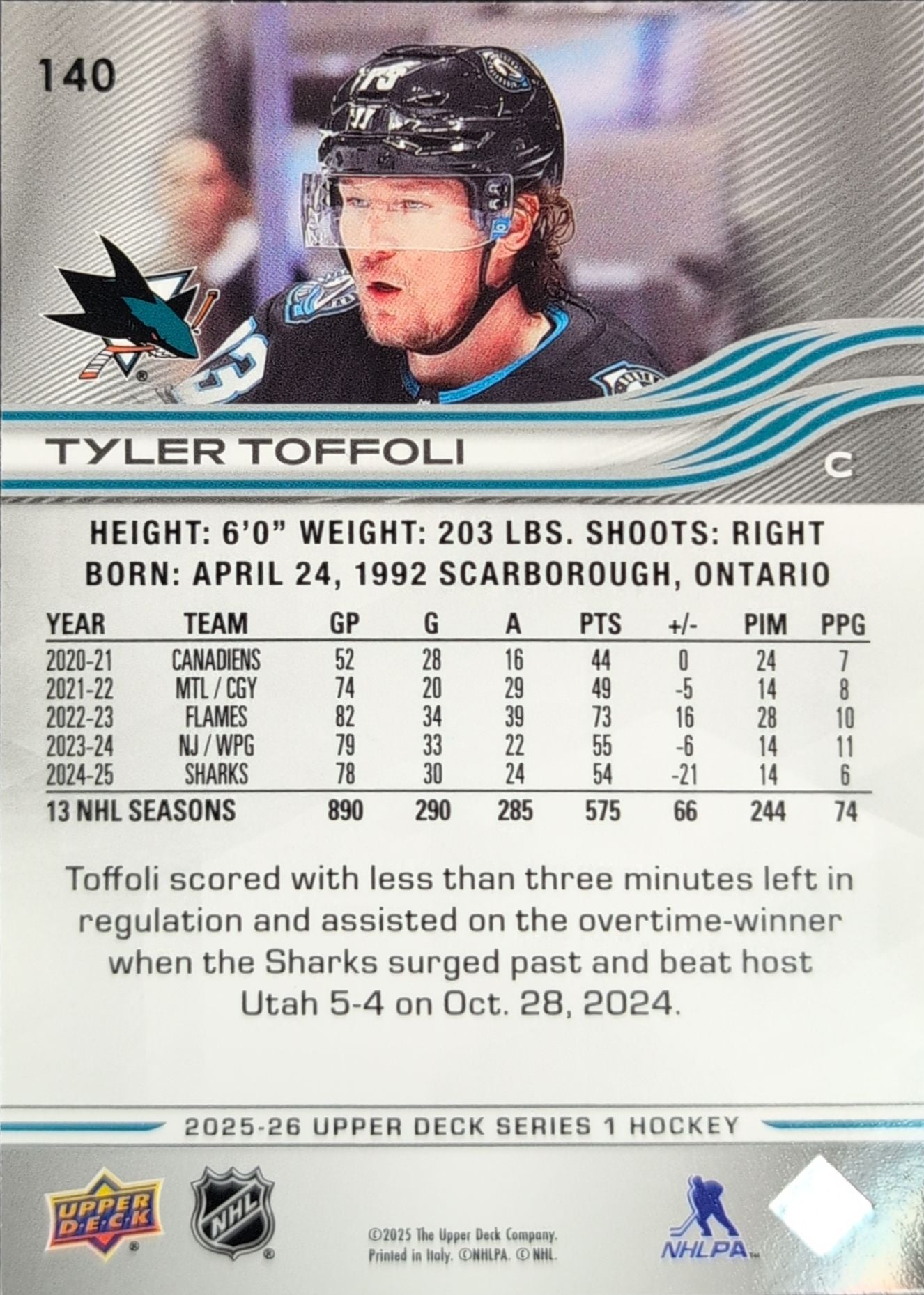 2025-26 Upper Deck Tyler Toffoli #140 San Jose Sharks back