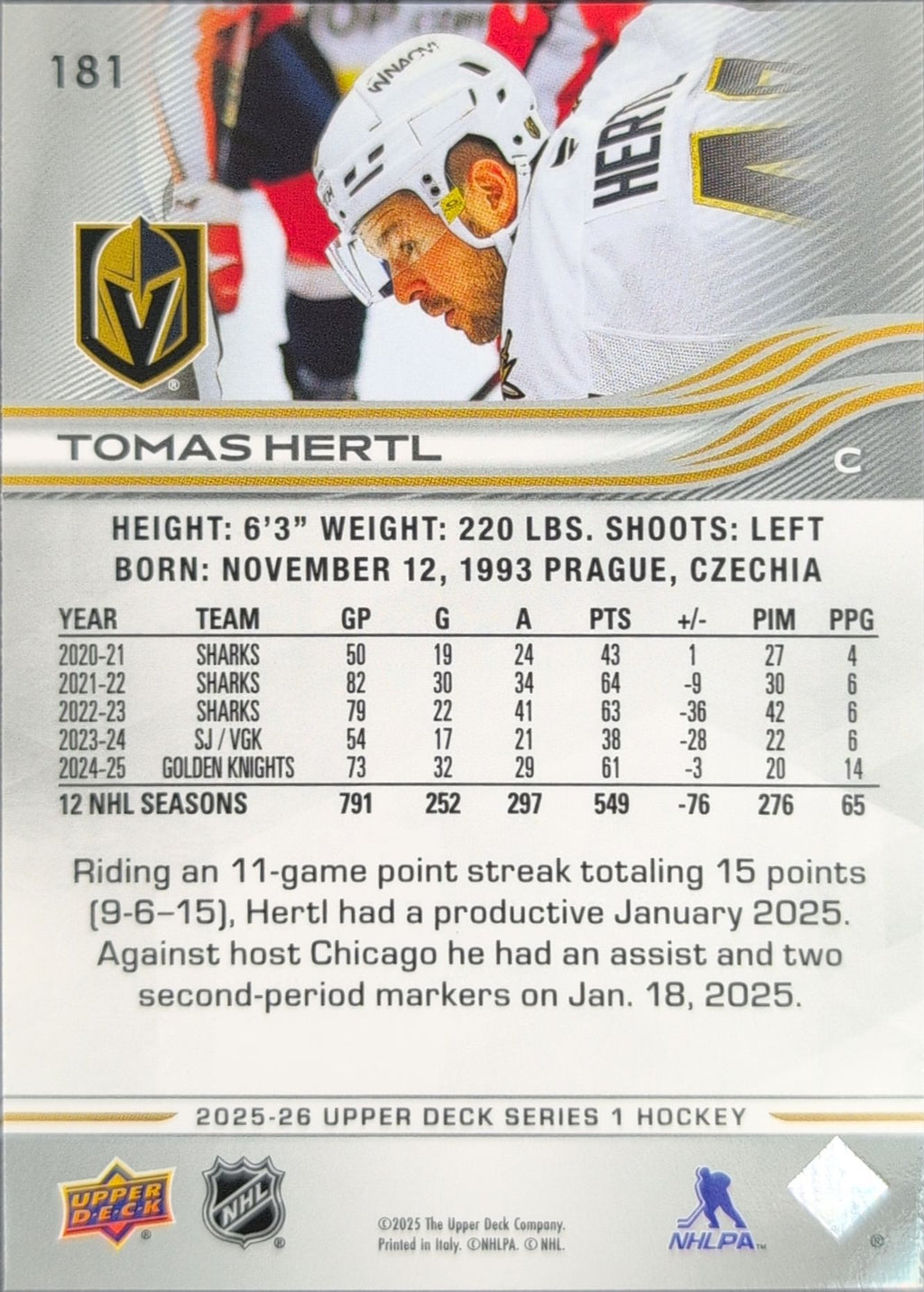 2025-26 Upper Deck Tomas Hertl #181 Vegas Golden Knights back