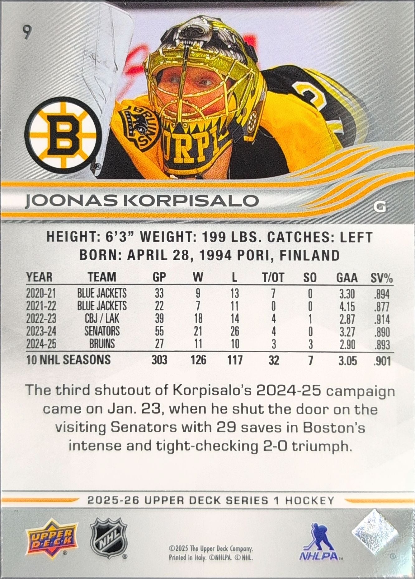 2025-26 Upper Deck Joonas Korpisalo #9 Boston Bruins back