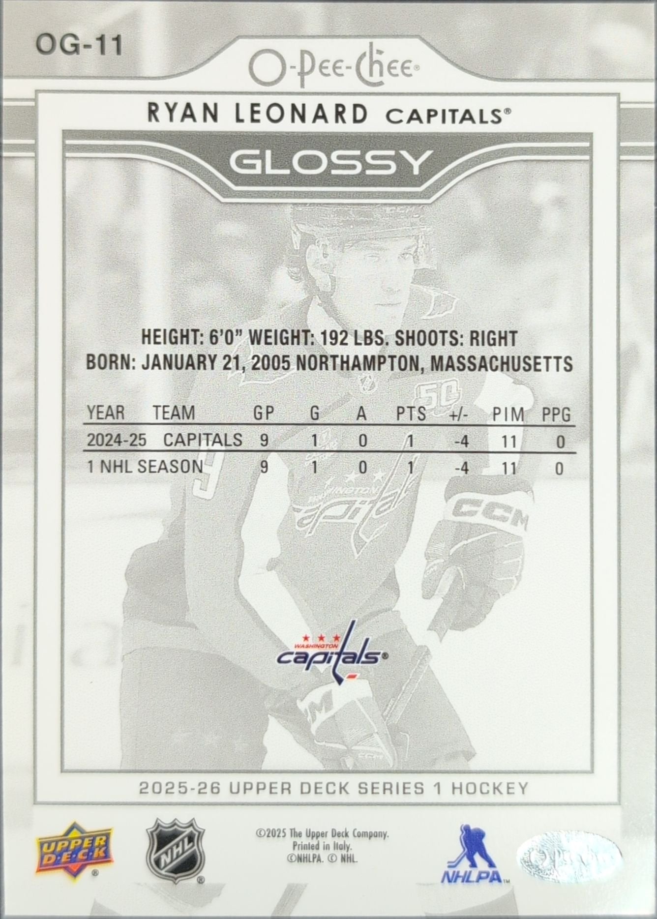 Ryan Leonard 2025-26 Upper Deck #OG-11 O-Pee-Chee Glossy Washington Capitals - back image