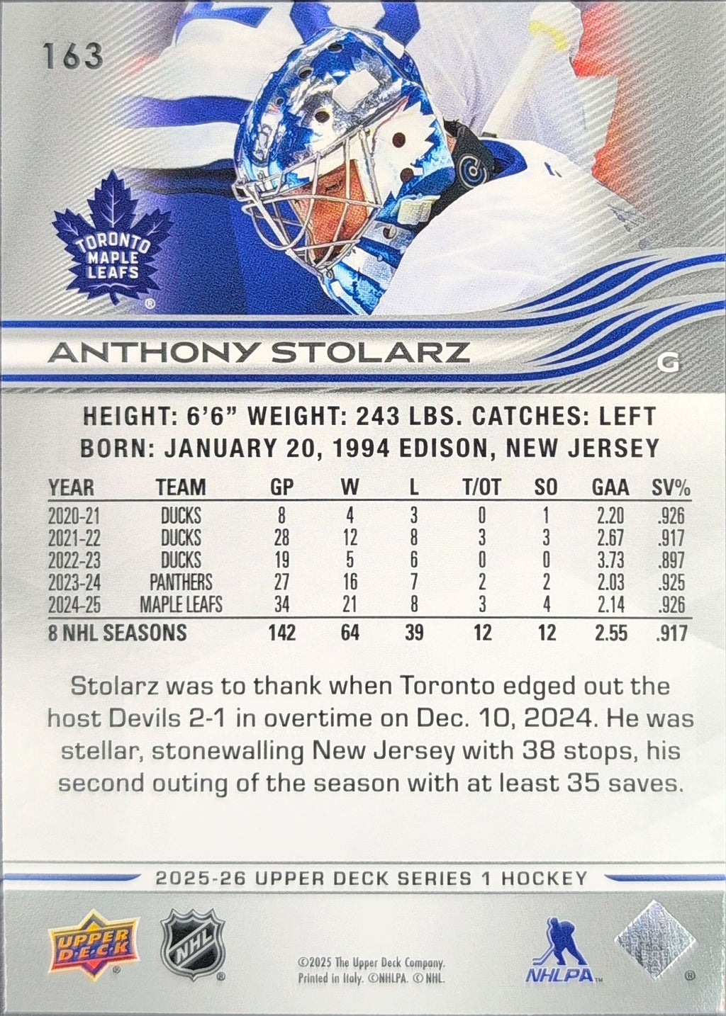 2025-26 Upper Deck Anthony Stolarz #163 Toronto Maple Leafs back