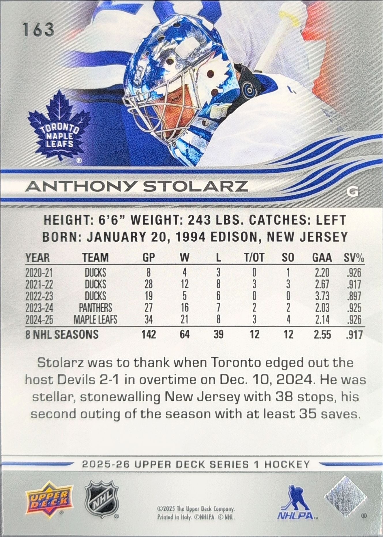 2025-26 Upper Deck Anthony Stolarz #163 Toronto Maple Leafs back