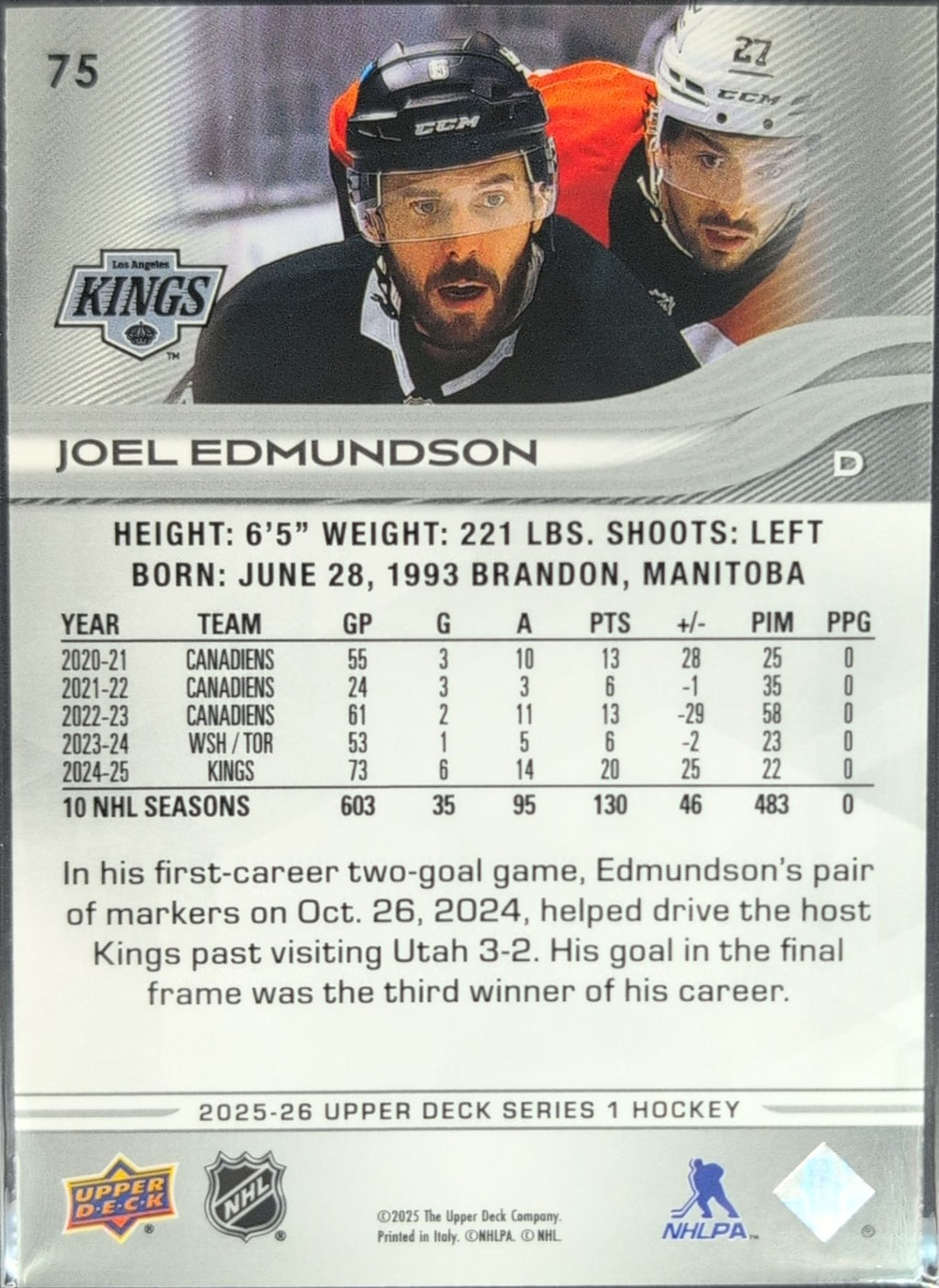 2025-26 Upper Deck Joel Edmundson #75 Los Angeles Kings back