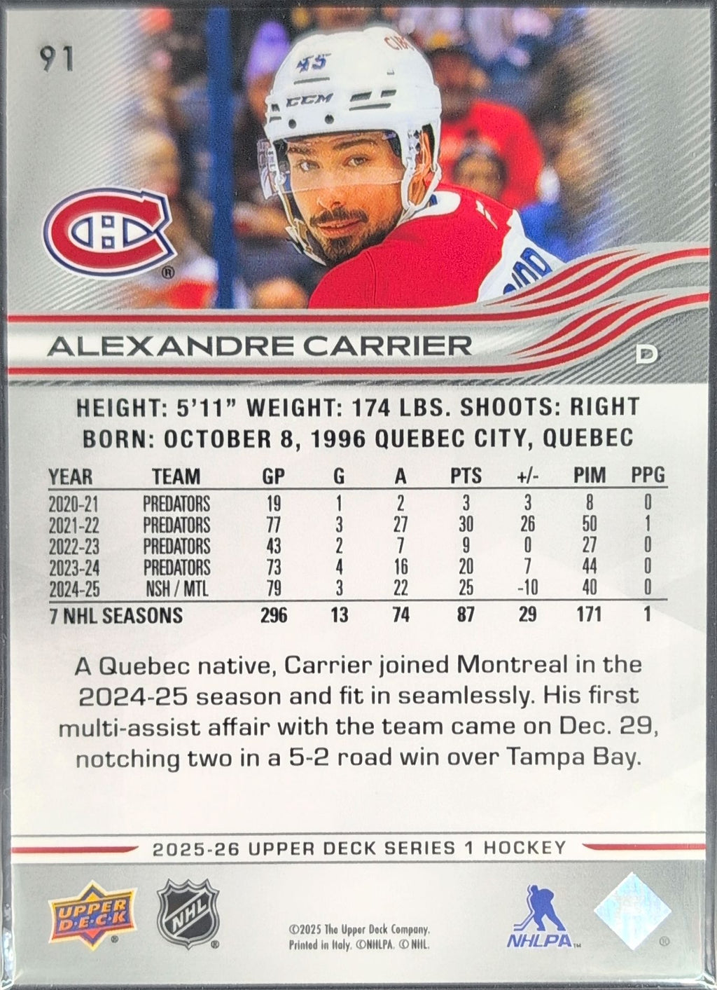 2025-26 Upper Deck Alexandre Carrier #91 Montreal Canadiens back