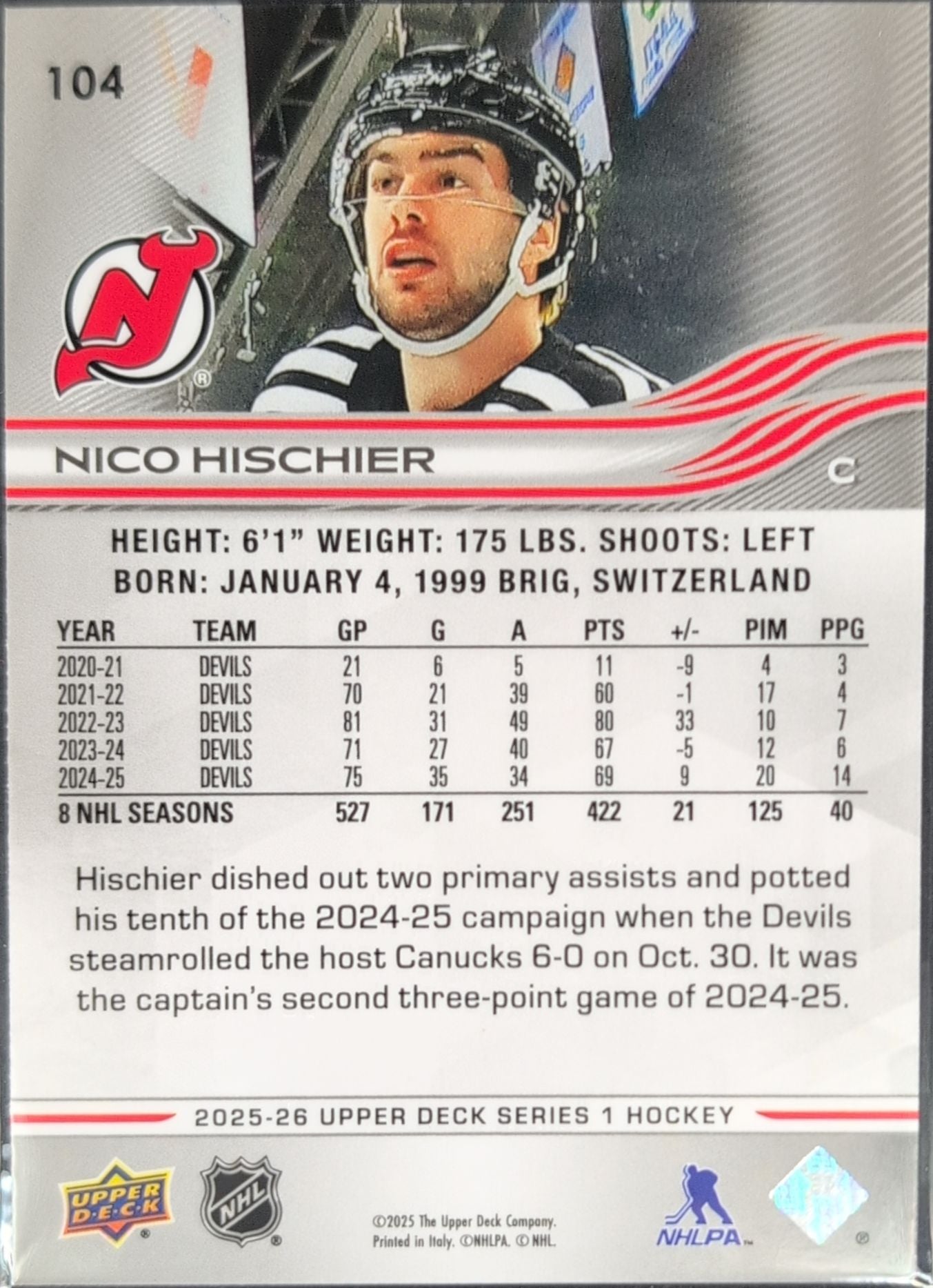 2025-26 Upper Deck Nico Hischier #104 New Jersey Devils back