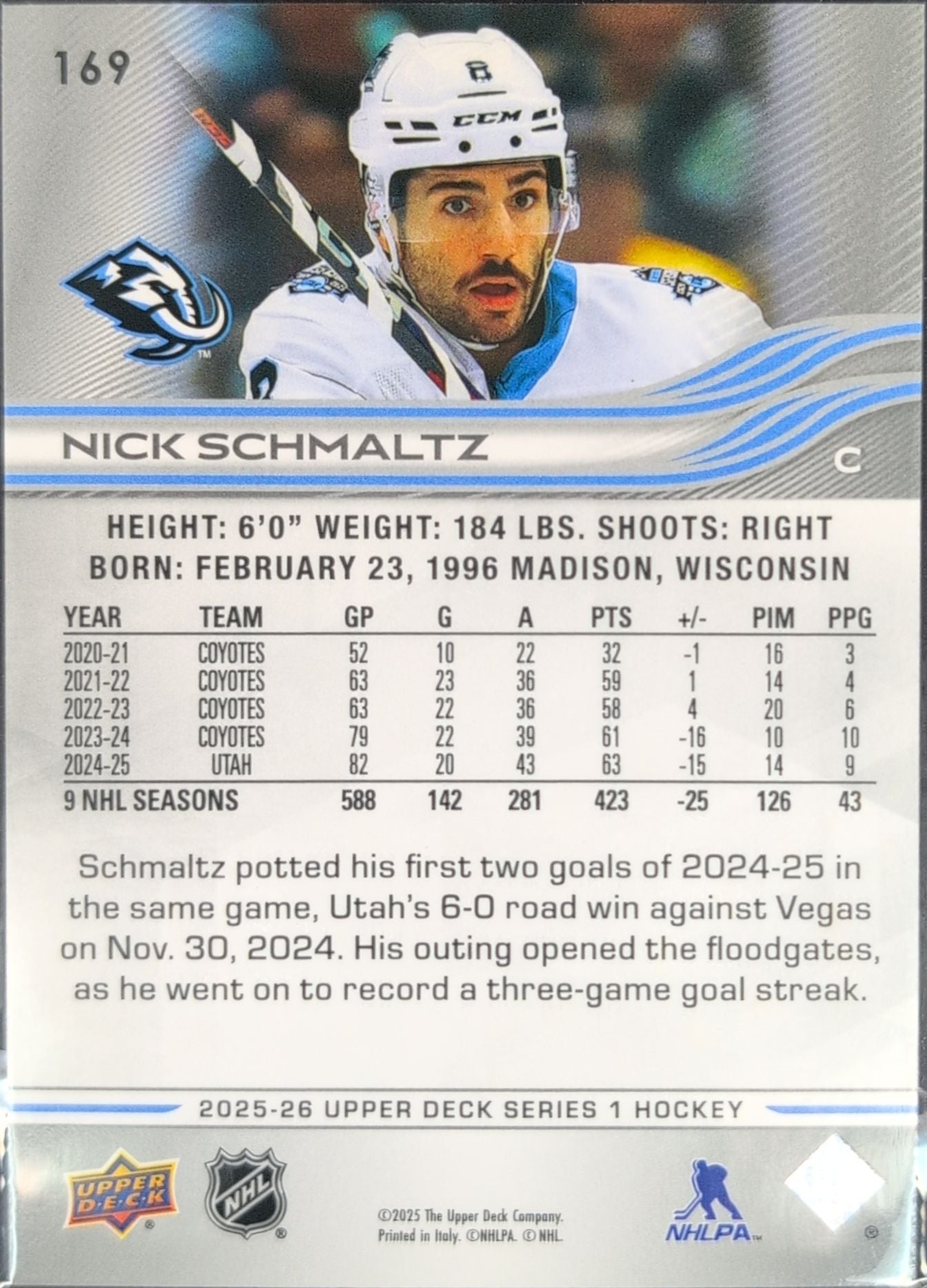 2025-26 Upper Deck Nick Schmaltz #169 Utah Mammoth back