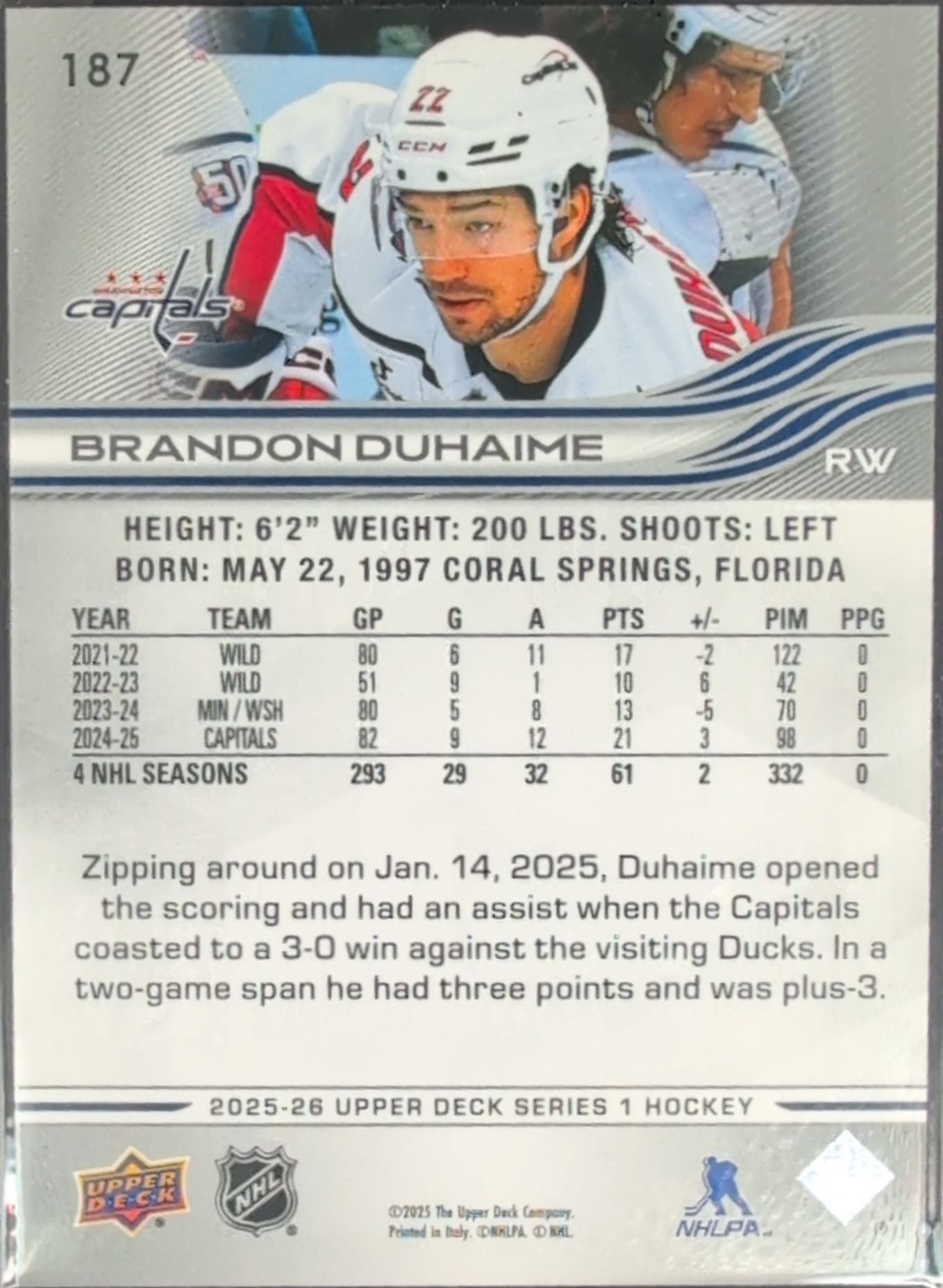 2025-26 Upper Deck Brandon Duhaime #187 Washington Capitals back