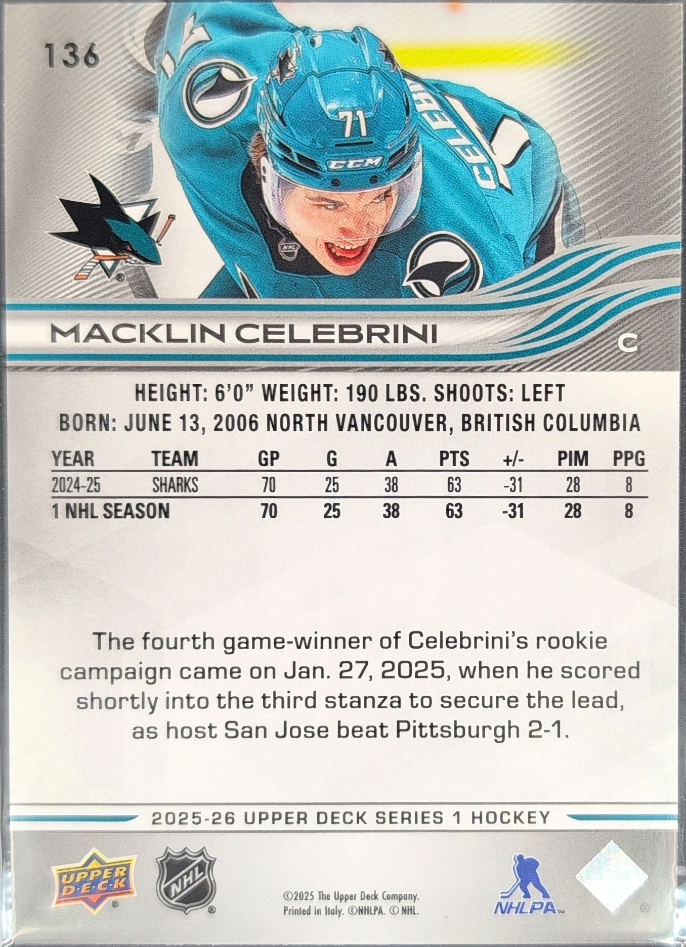 2025-26 Upper Deck Macklin Celebrini #136 San Jose Sharks back