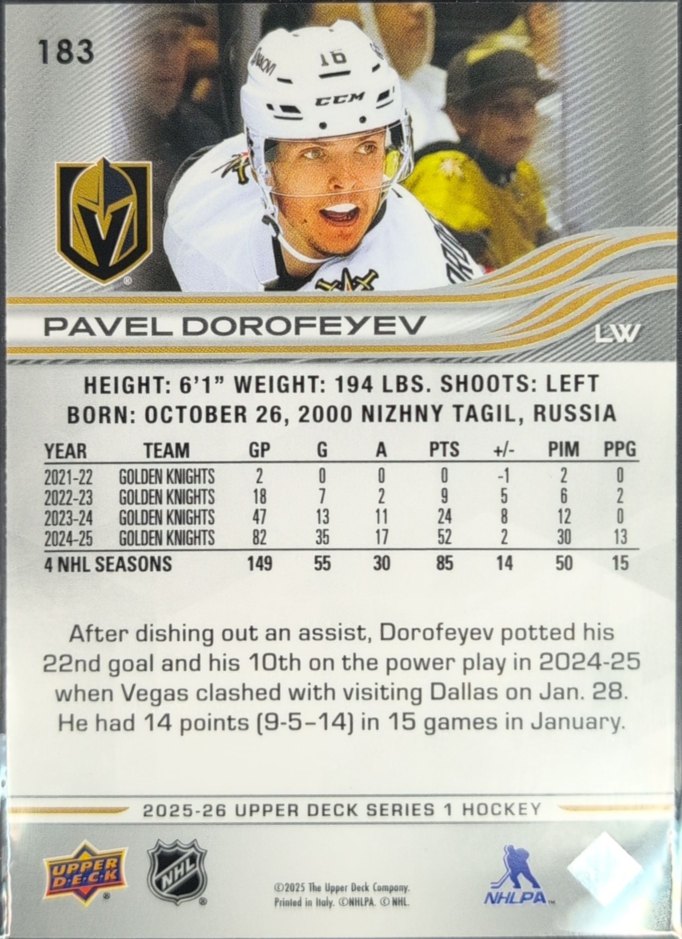 2025-26 Upper Deck Pavel Dorofeyev #183 Vegas Golden Knights back