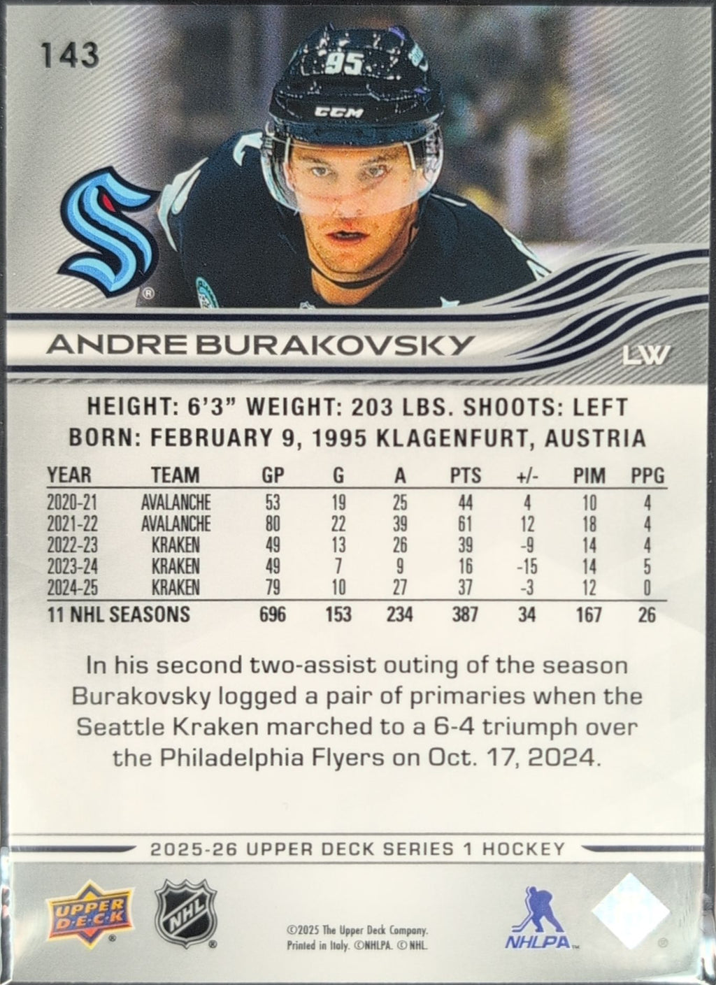 2025-26 Upper Deck Andre Burakovsky #143 Seattle Kraken back