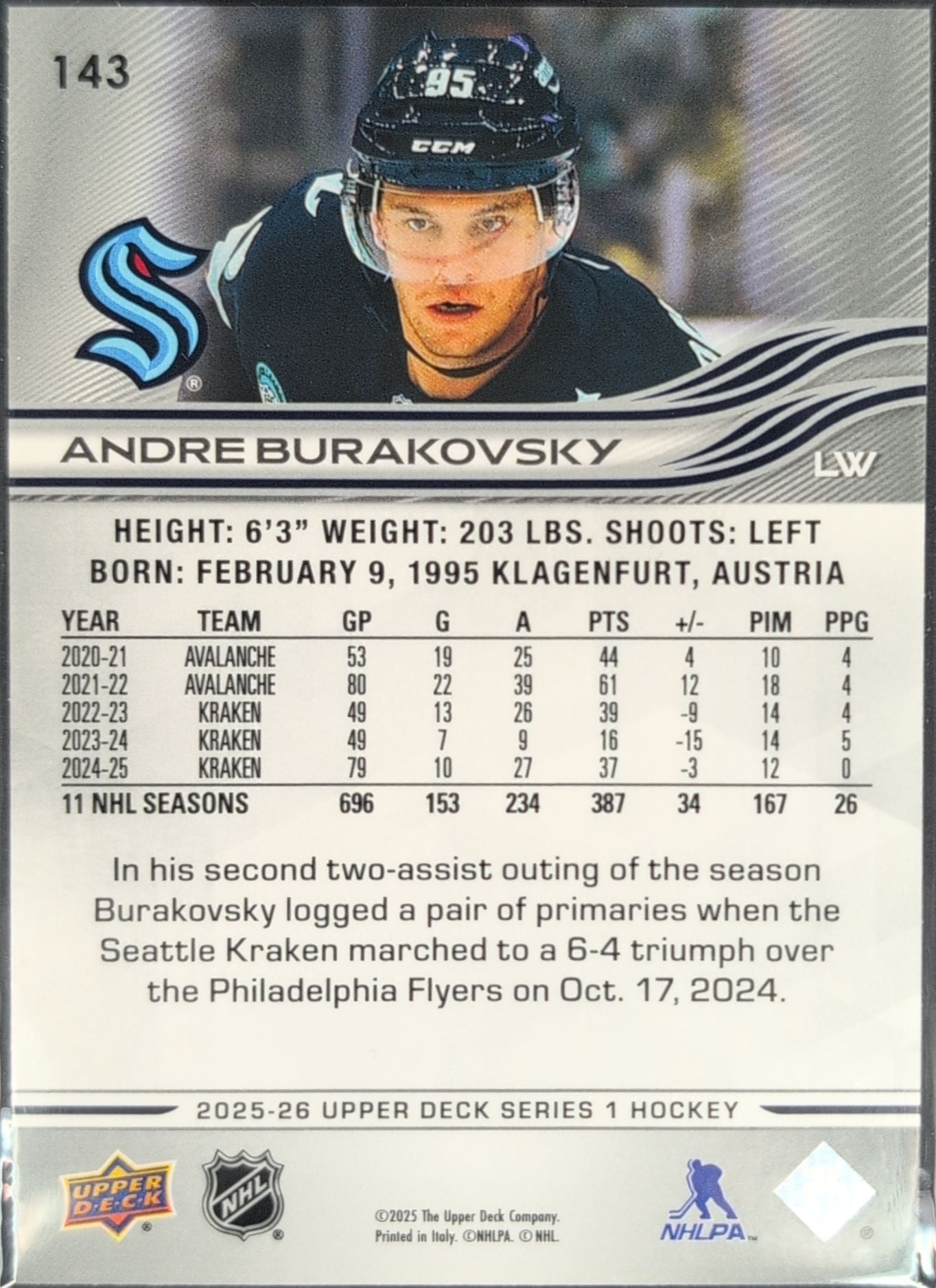 2025-26 Upper Deck Andre Burakovsky #143 Seattle Kraken back