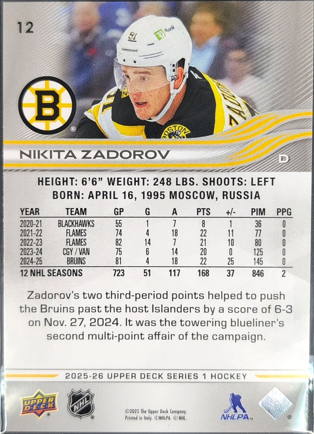 2025-26 Upper Deck Nikita Zadorov #12 Boston Bruins back
