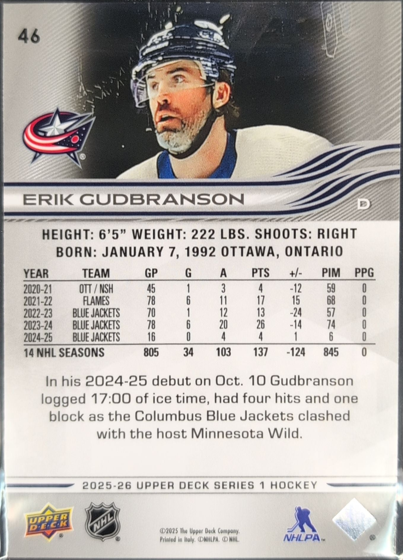 2025-26 Upper Deck Erik Gudbranson #46 Columbus Blue Jackets back