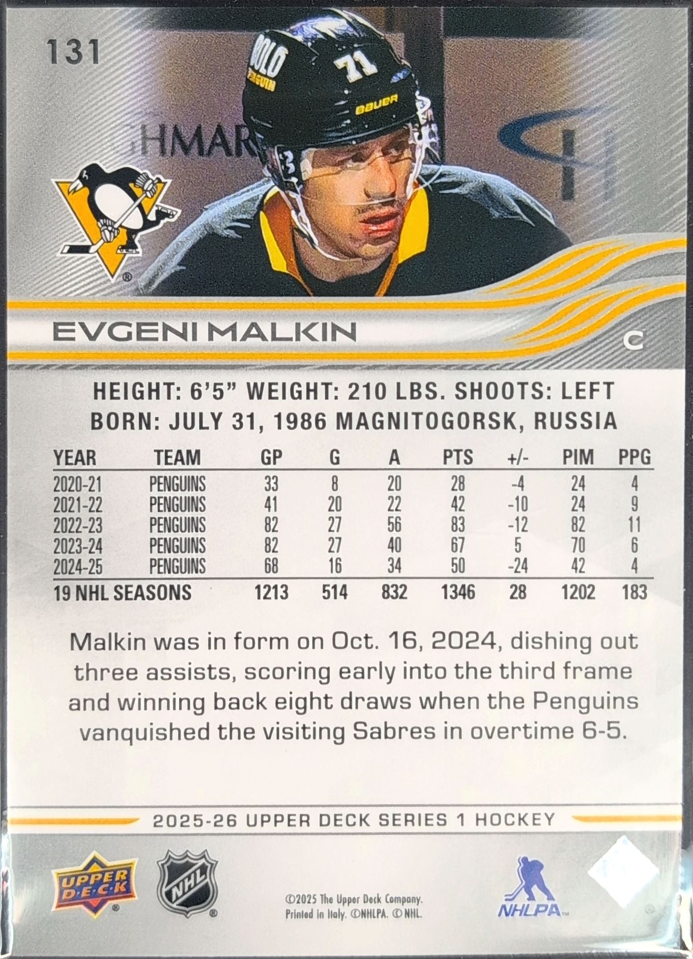 2025-26 Upper Deck Evgeni Malkin #131 Pittsburgh Penguins back