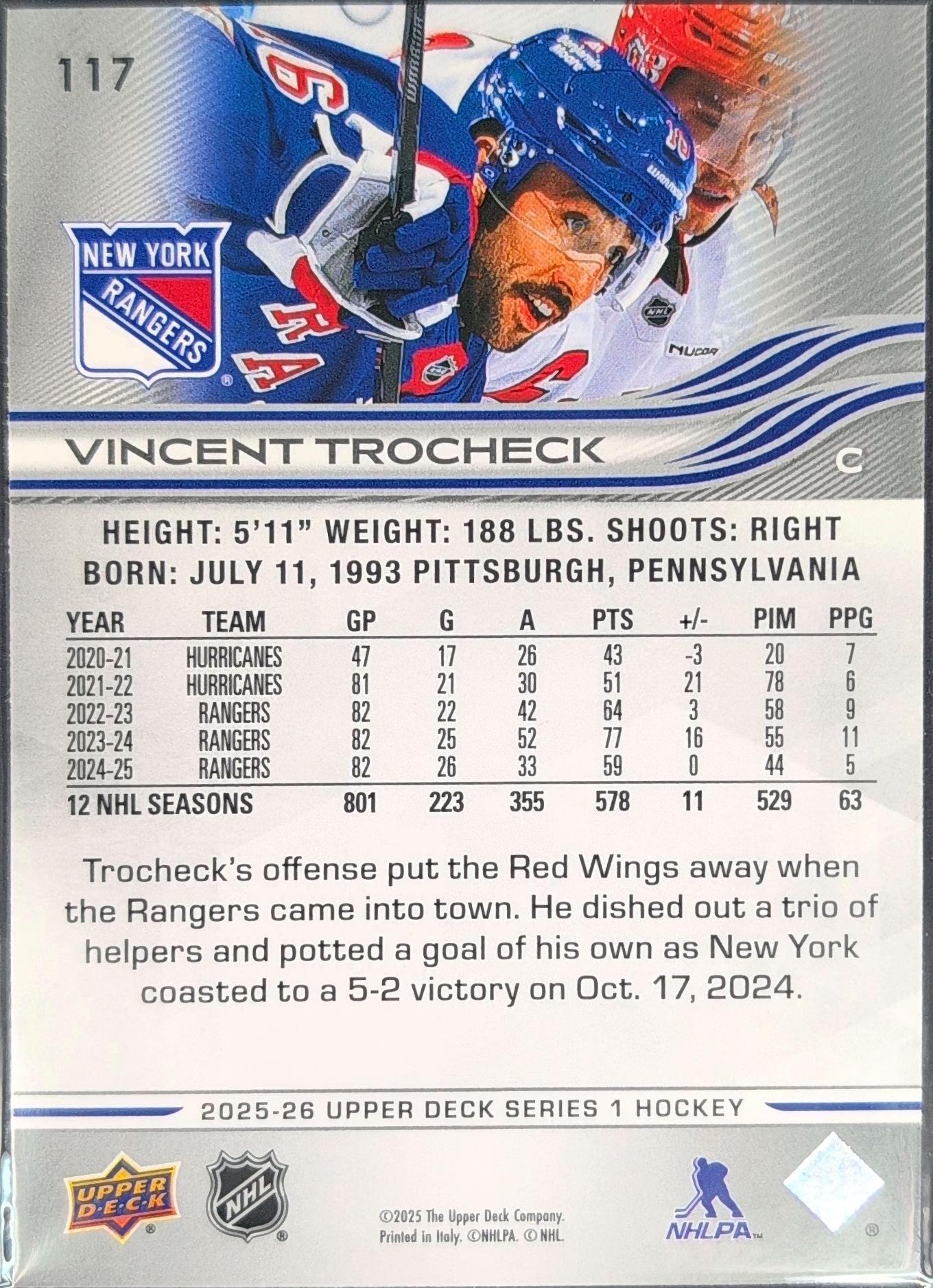 2025-26 Upper Deck Vincent Trocheck #117 New York Rangers back