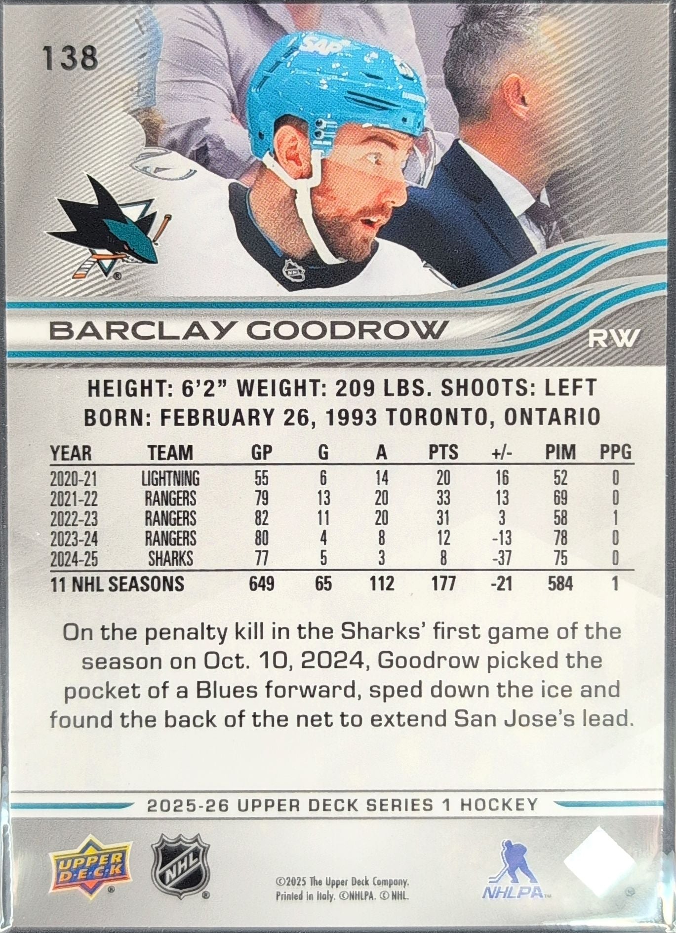 2025-26 Upper Deck Barclay Goodrow #138 San Jose Sharks back
