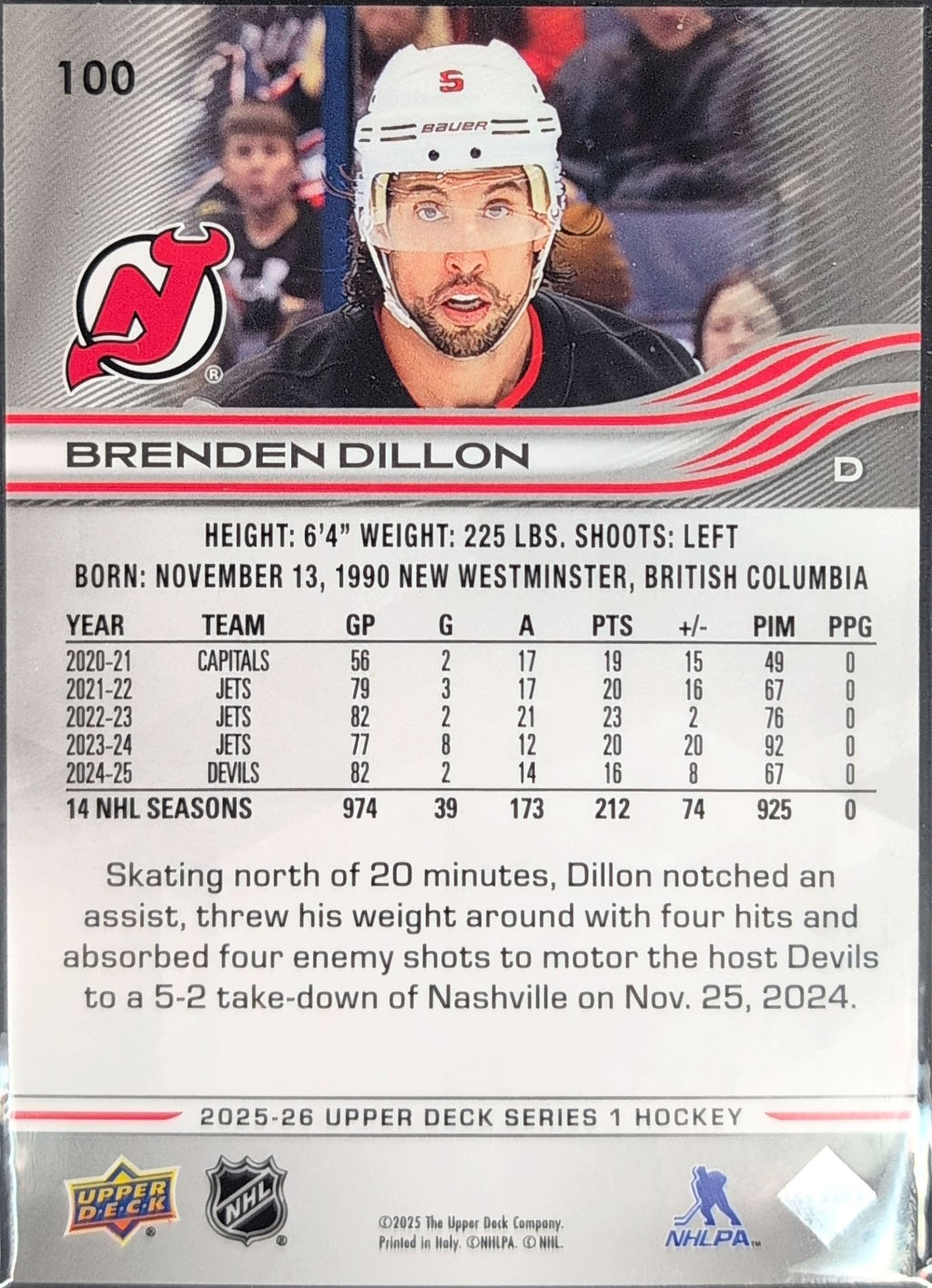 2025-26 Upper Deck Brenden Dillon #100 New Jersey Devils back