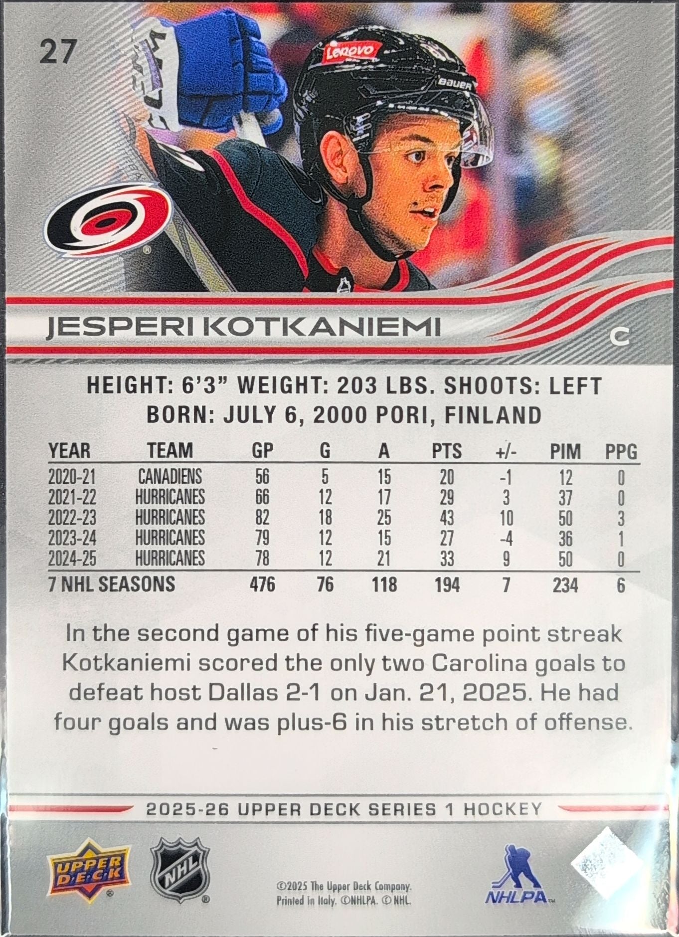 2025-26 Upper Deck Jesperi Kotkaniemi #27 Carolina Hurricanes back