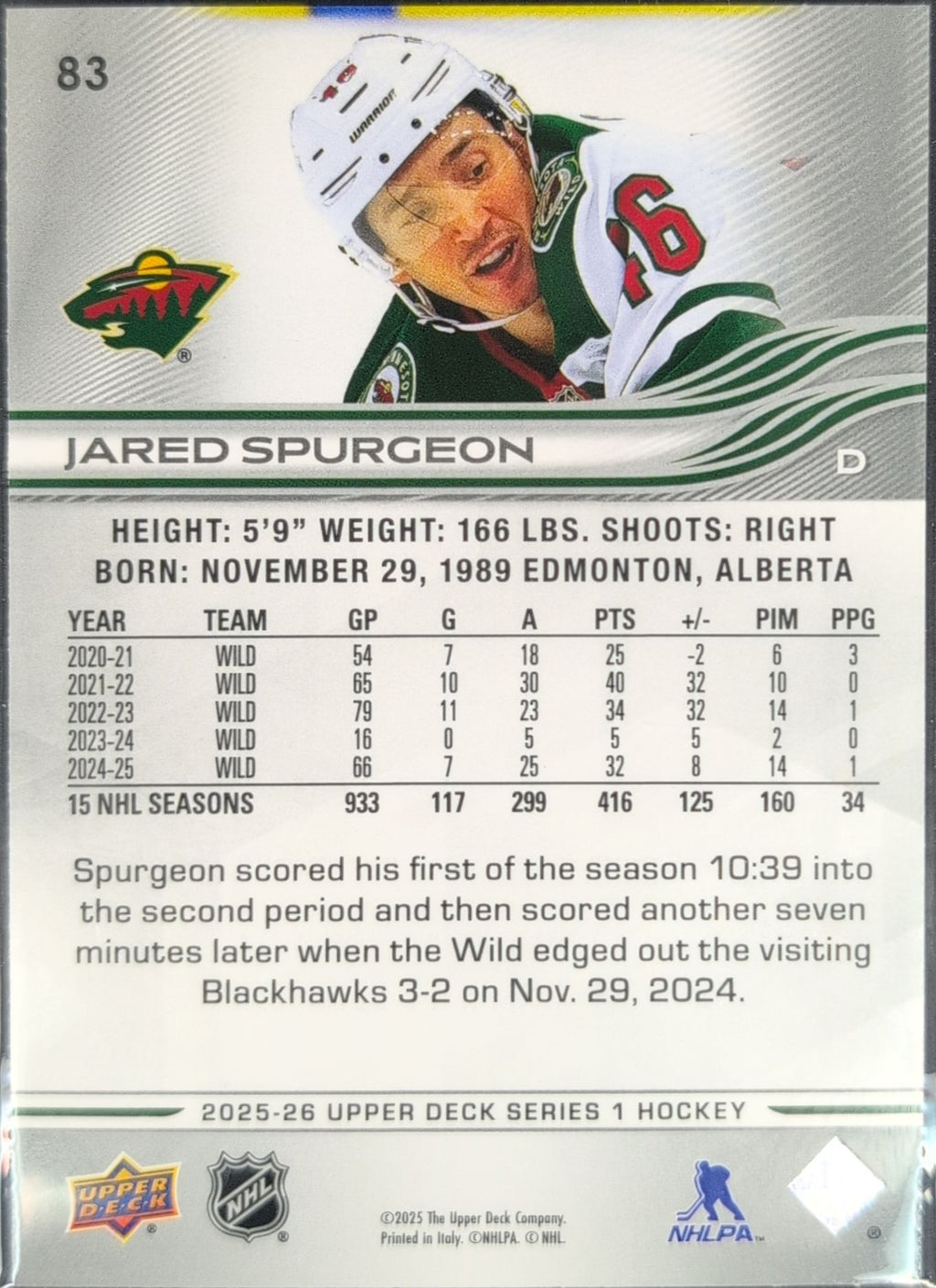 2025-26 Upper Deck Jared Spurgeon #83 Minnesota Wild back