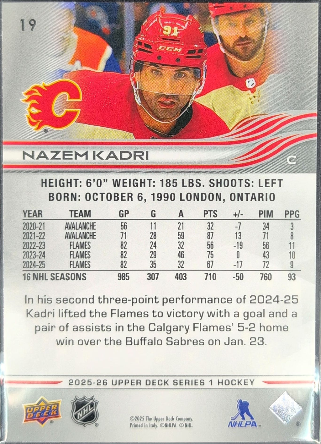 2025-26 Upper Deck Nazem Kadri #19 Calgary Flames back
