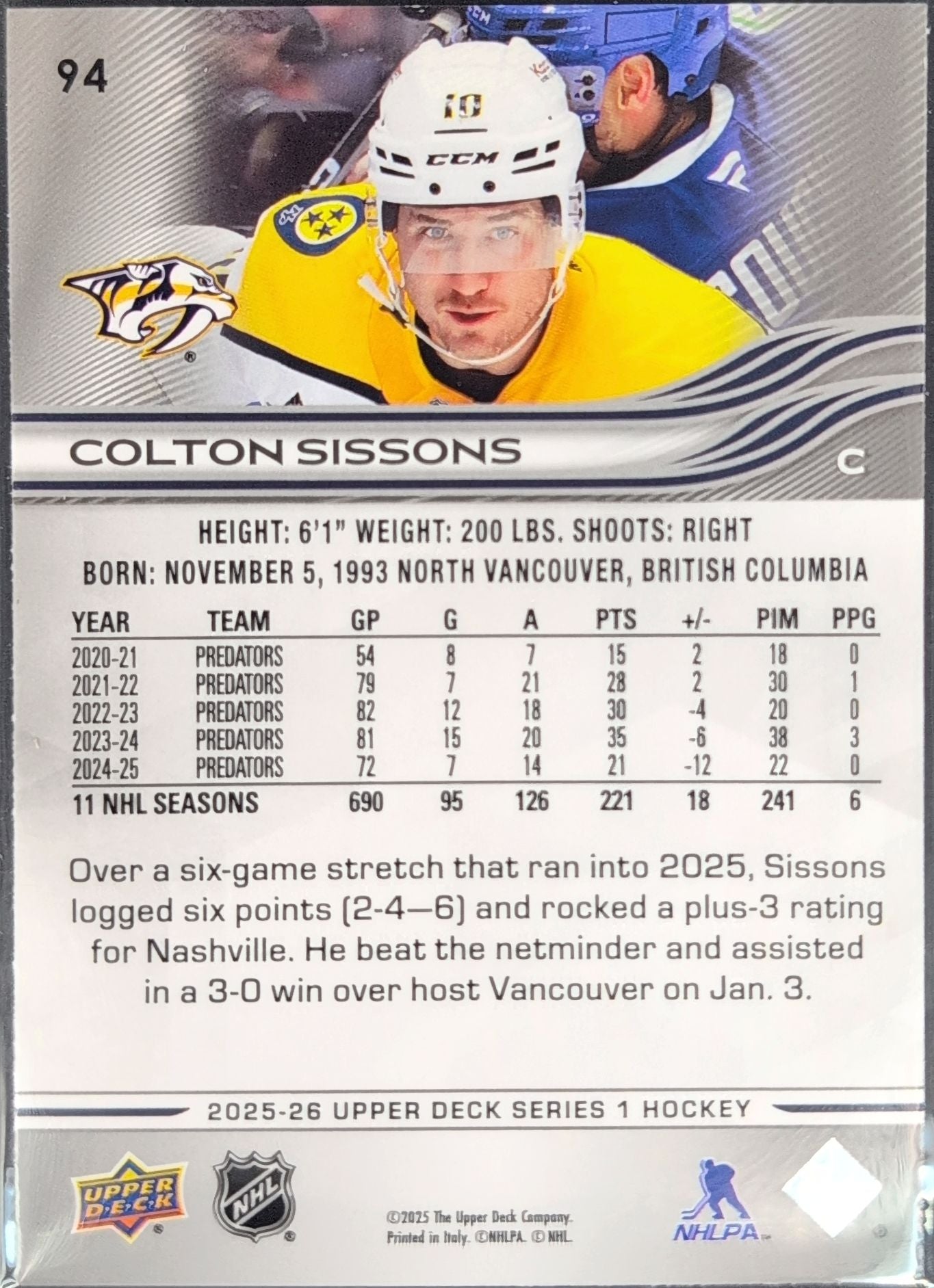2025-26 Upper Deck Colton Sissons #94 Nashville Predators back